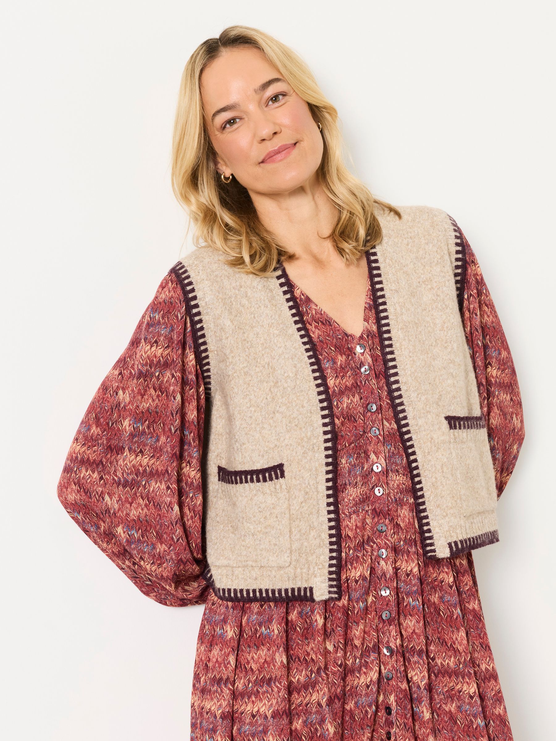 Hattie Natural Knitted Edge to Edge Sleeveless Cardigan - Image 5 of 7