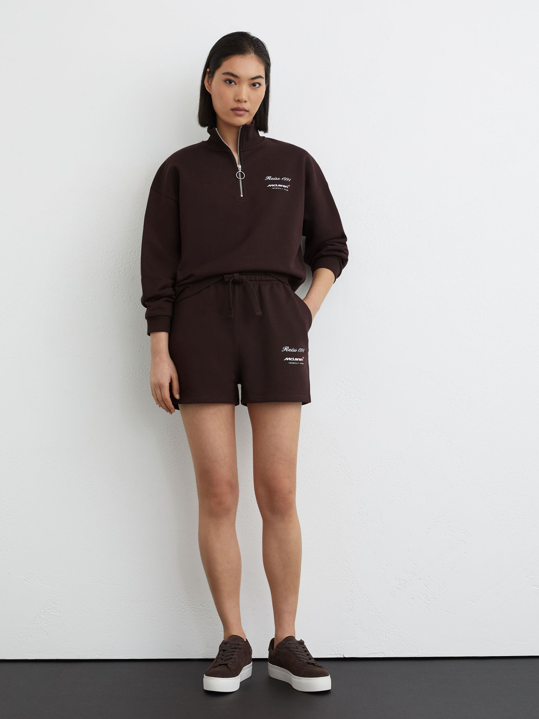 McLaren Racing Cotton Drawstring Shorts in Chocolate Brown - Image 1 of 7