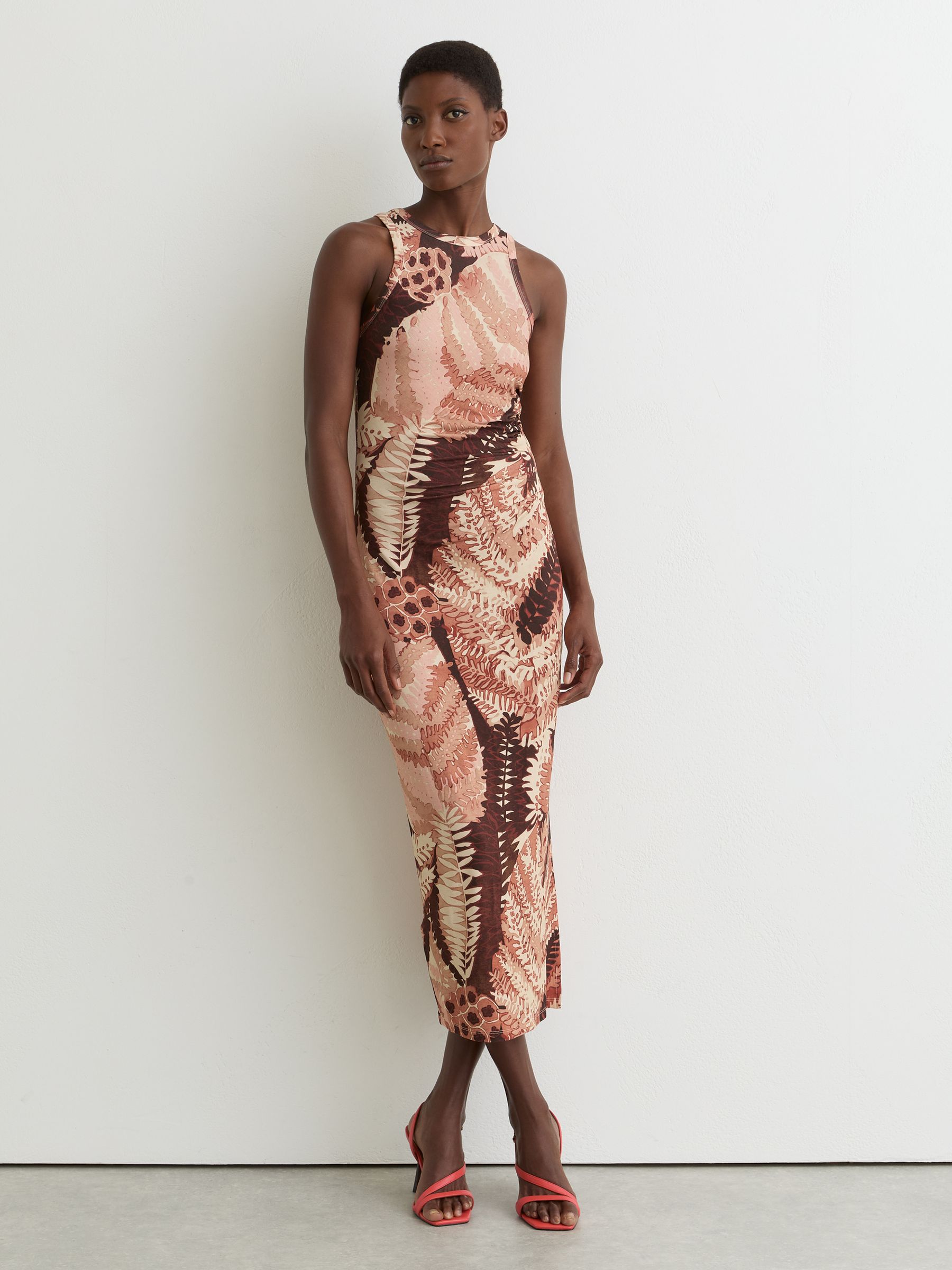 Jersey Floral-Print Ruched Midi Dress in Pink - Image 1 of 6