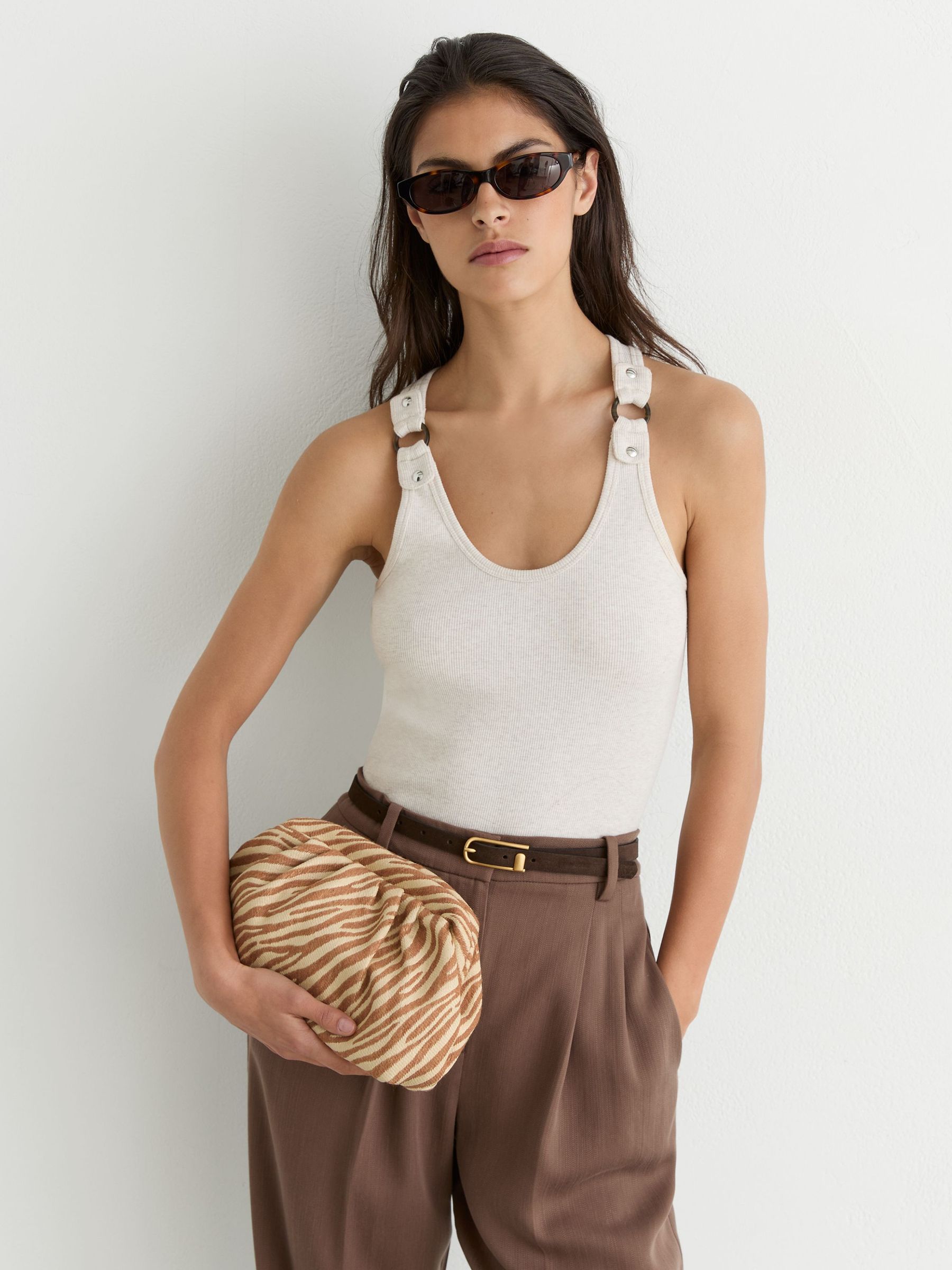 Raffia-Effect Zebra Pouch Clutch Bag in Natural/Tan - Image 1 of 6 Raffia-Effect Zebra Pouch Clutch Bag in Natural/Tan - Image 1 of 6