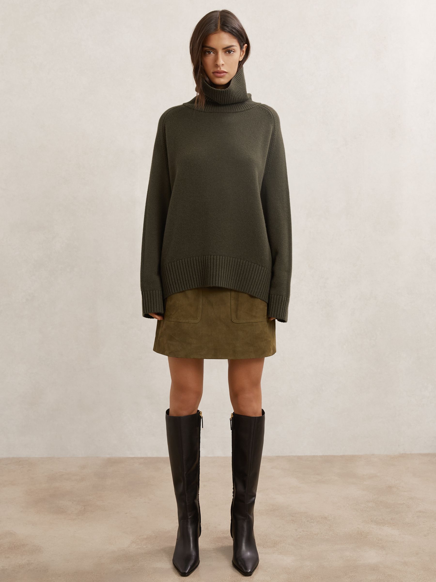 Petite Wool-Cashmere Roll-Neck Jumper in Khaki Green - Image 3 of 7