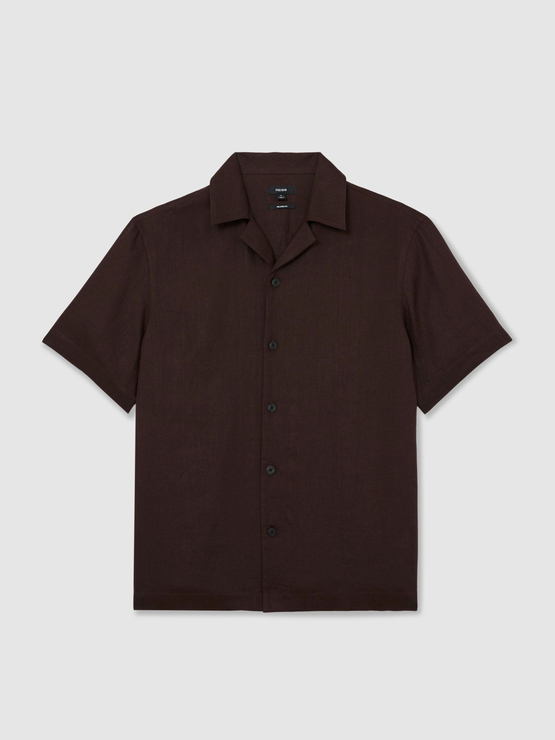 Linen Cuban-Collar Shirt in Chocolate Brown - Image 2 of 9