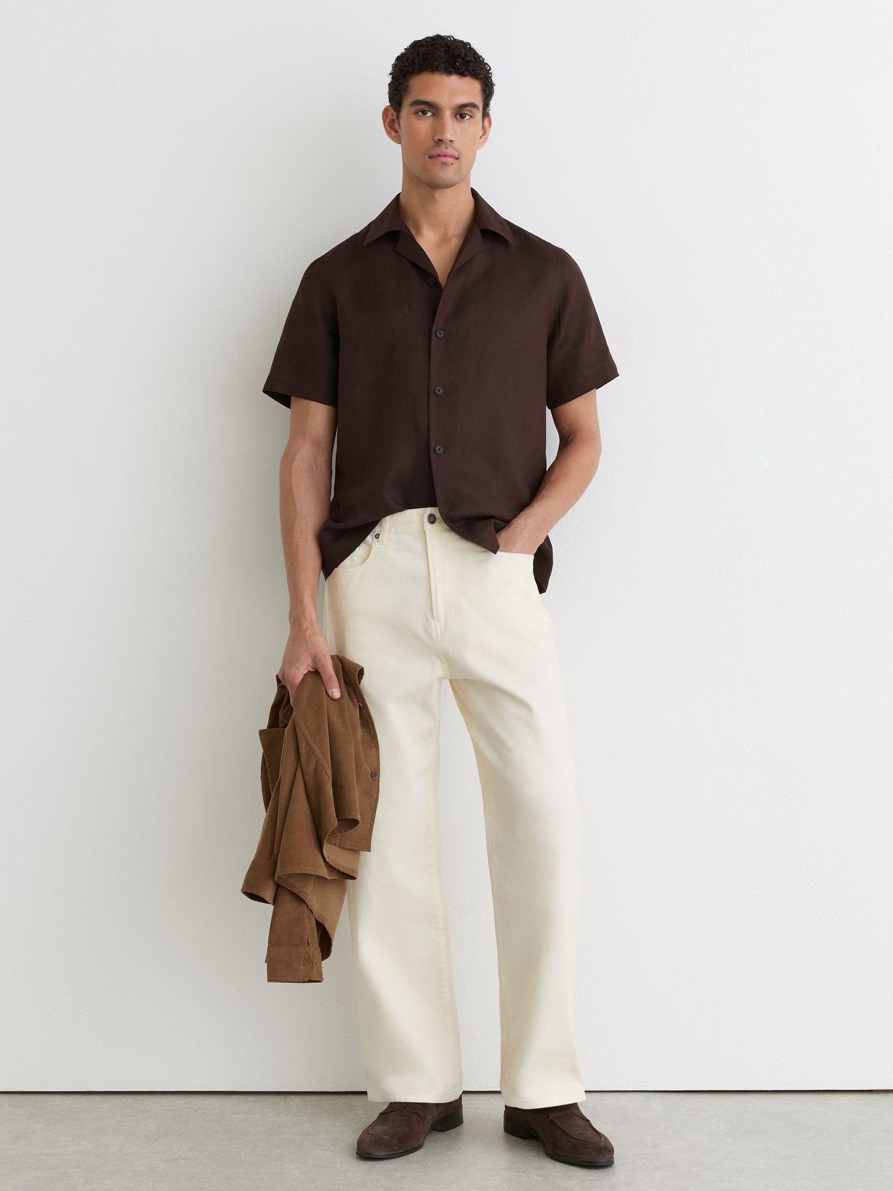 Linen Cuban-Collar Shirt in Chocolate Brown - Image 3 of 9