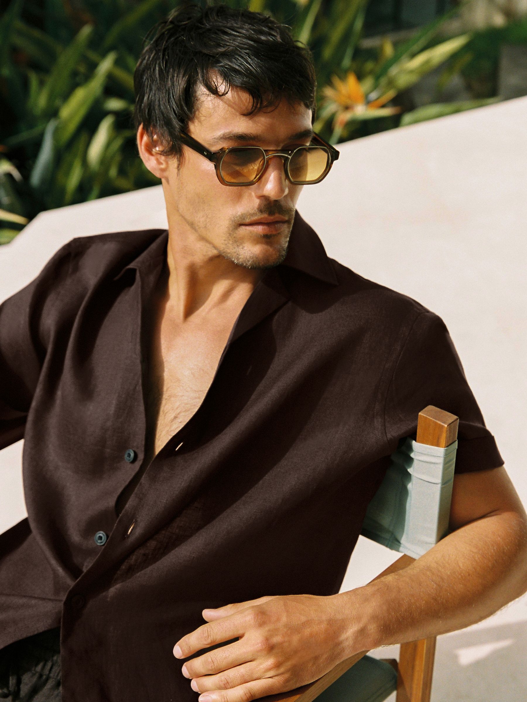 Linen Cuban-Collar Shirt in Chocolate Brown - Image 4 of 9