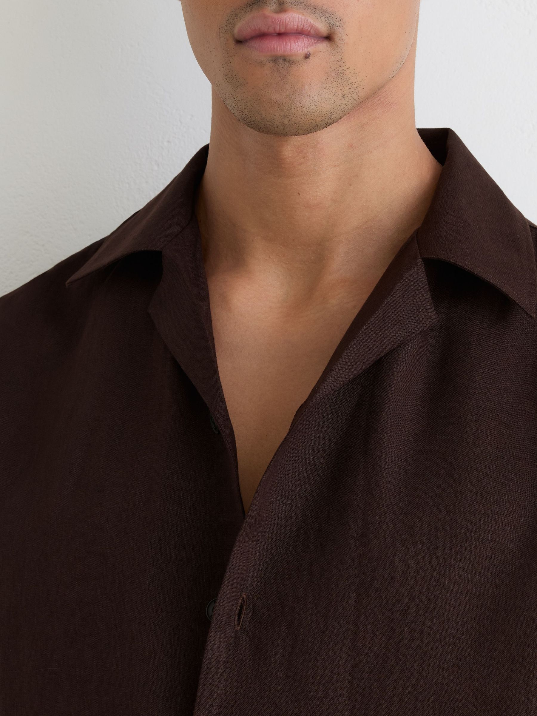 Linen Cuban-Collar Shirt in Chocolate Brown - Image 5 of 9