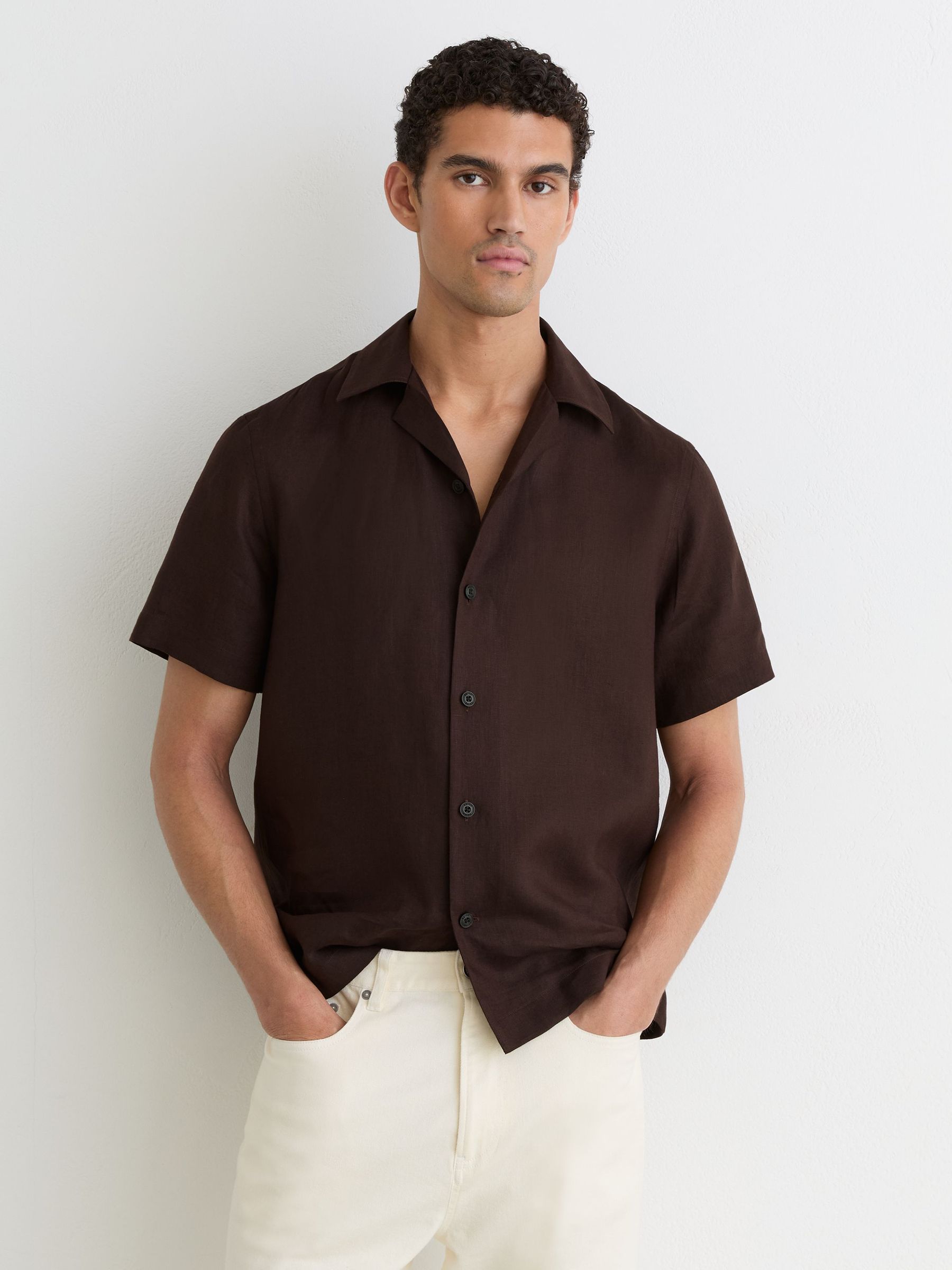Linen Cuban-Collar Shirt in Chocolate Brown - Image 8 of 9