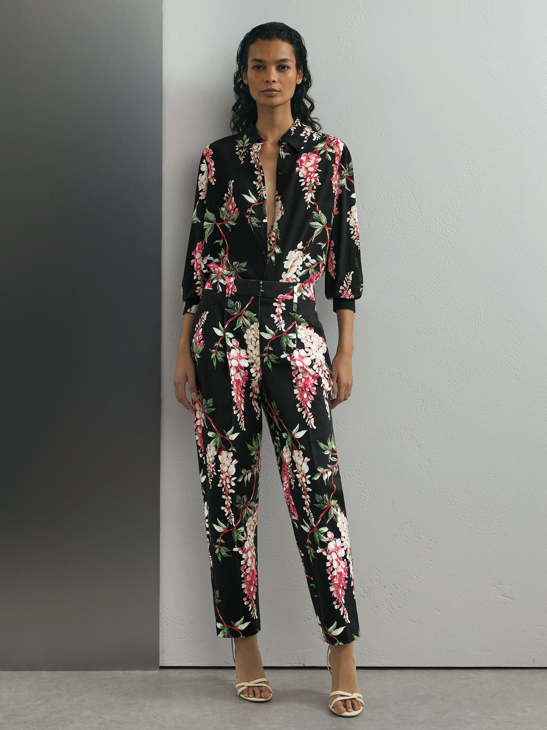Atelier Cotton Floral-Print Tapered Black Trousers in Black - Image 1 of 5