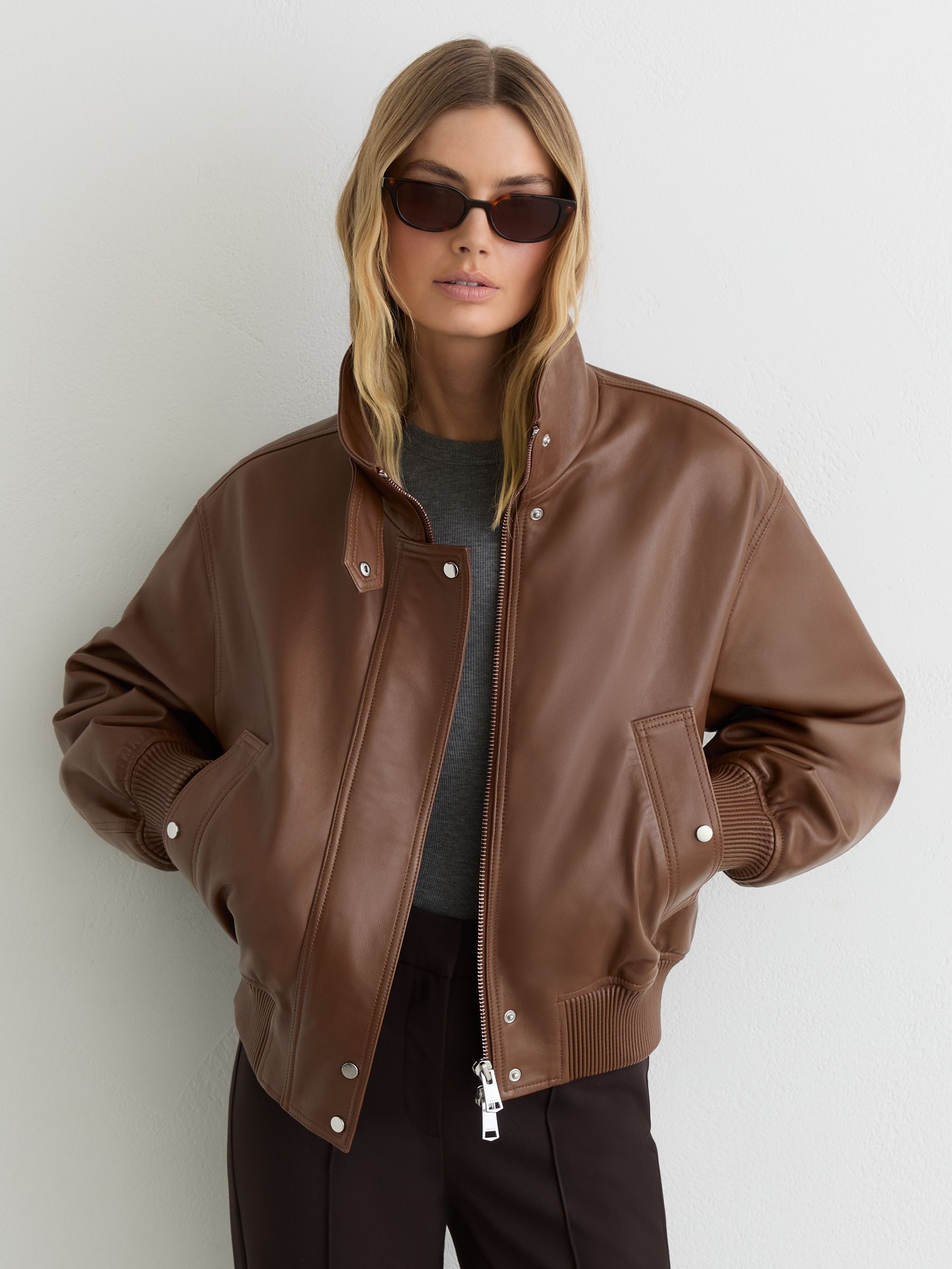 Petite Leather Funnel-Neck Bomber Jacket in Chestnut Brown - image 3
