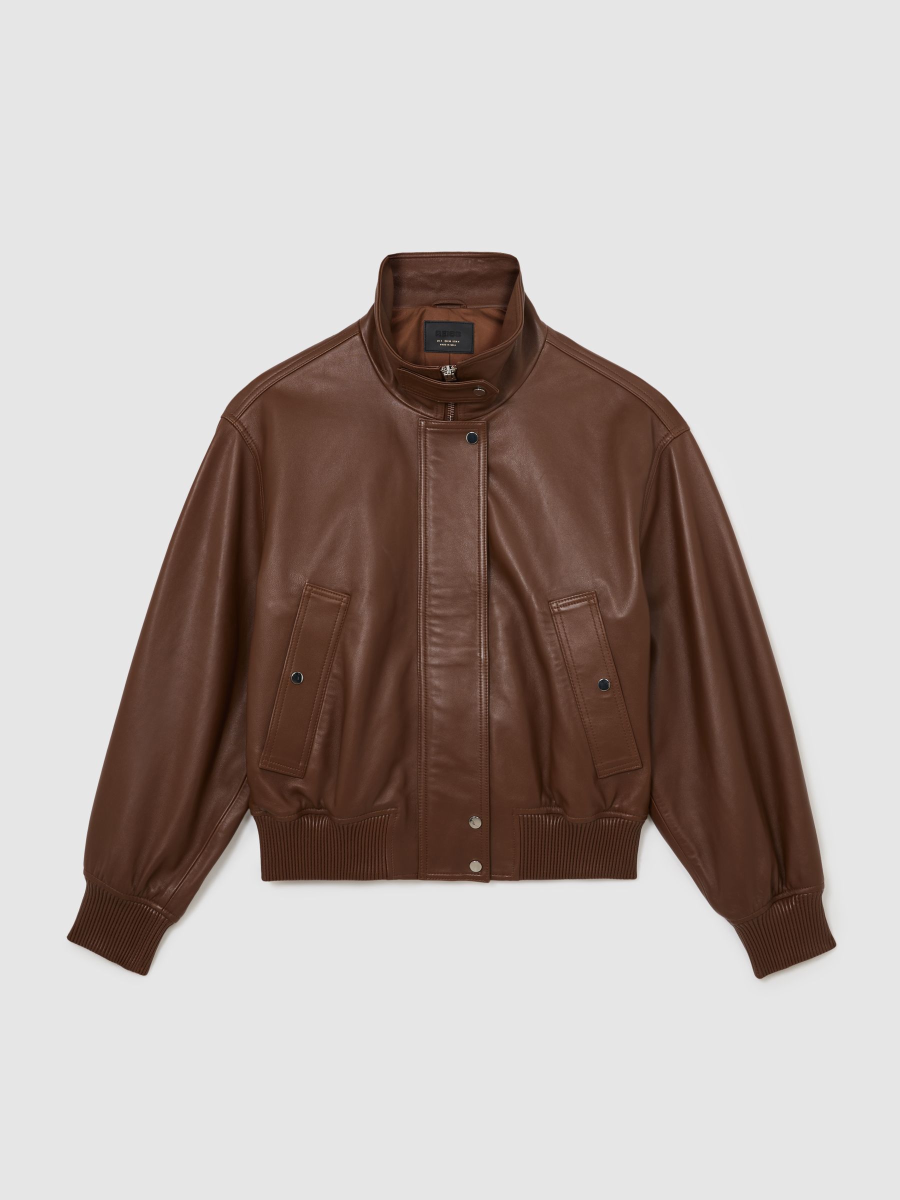 Petite Leather Funnel-Neck Bomber Jacket in Chestnut Brown - Image 2 of 7