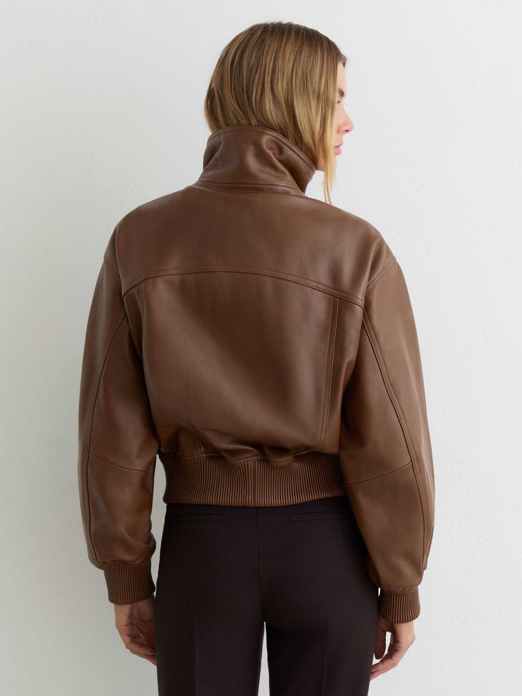 Petite Leather Funnel-Neck Bomber Jacket in Chestnut Brown - image 4
