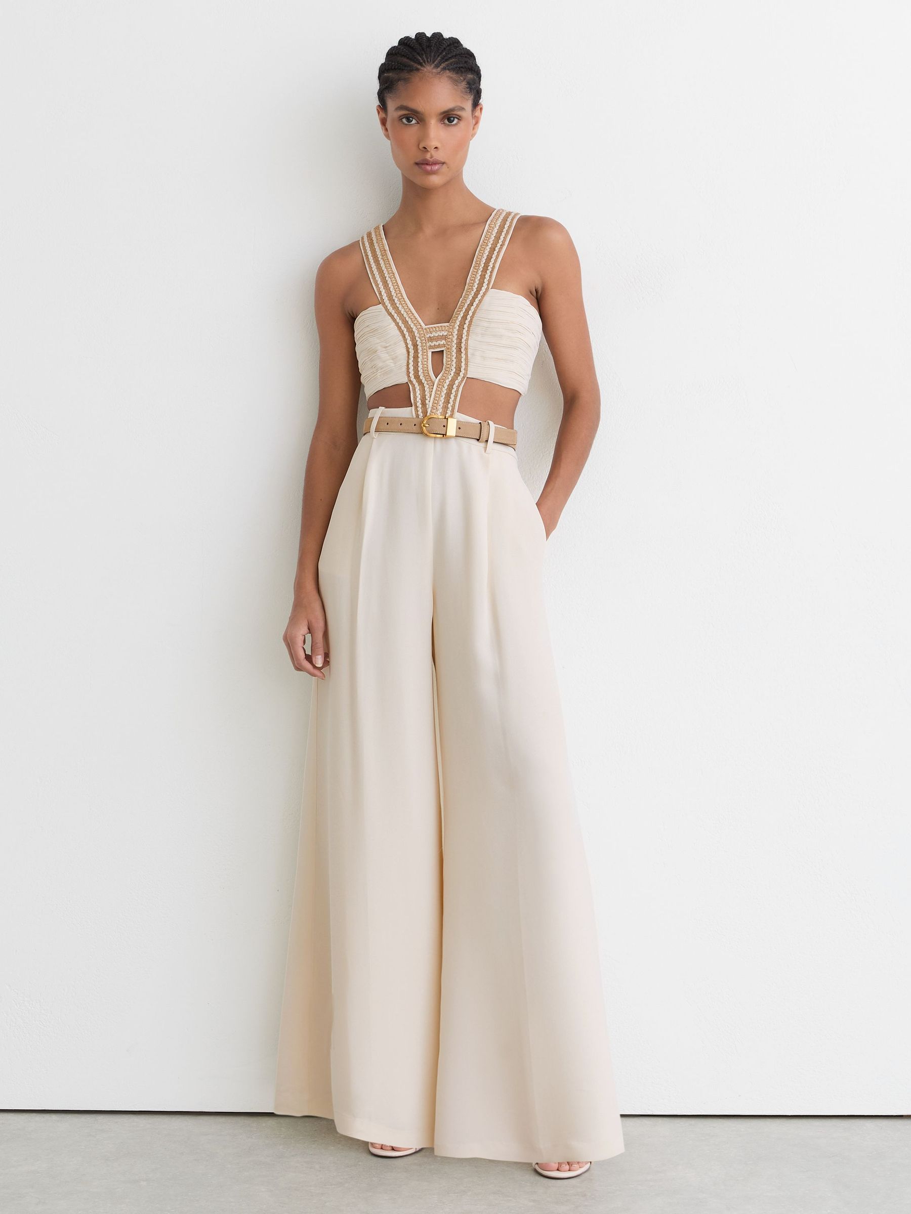 Woven-Trim Cut-Out Wide Leg Jumpsuit in Ivory - Image 1 of 7
