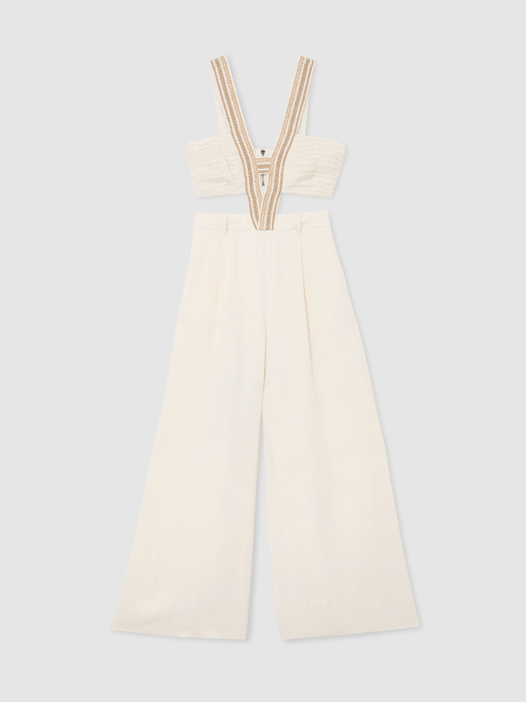 Woven-Trim Cut-Out Wide Leg Jumpsuit in Ivory - Image 2 of 7