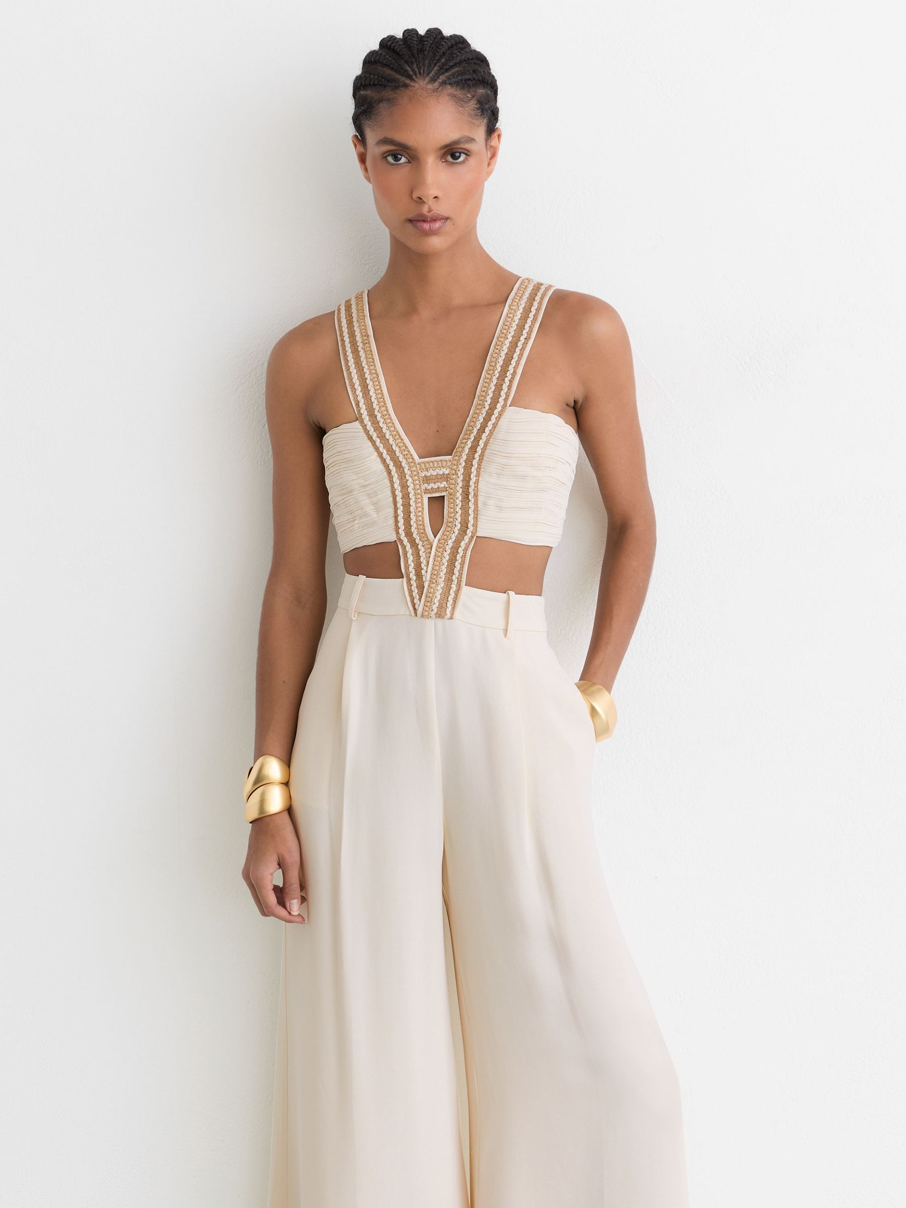 Woven-Trim Cut-Out Wide Leg Jumpsuit in Ivory - Image 3 of 7