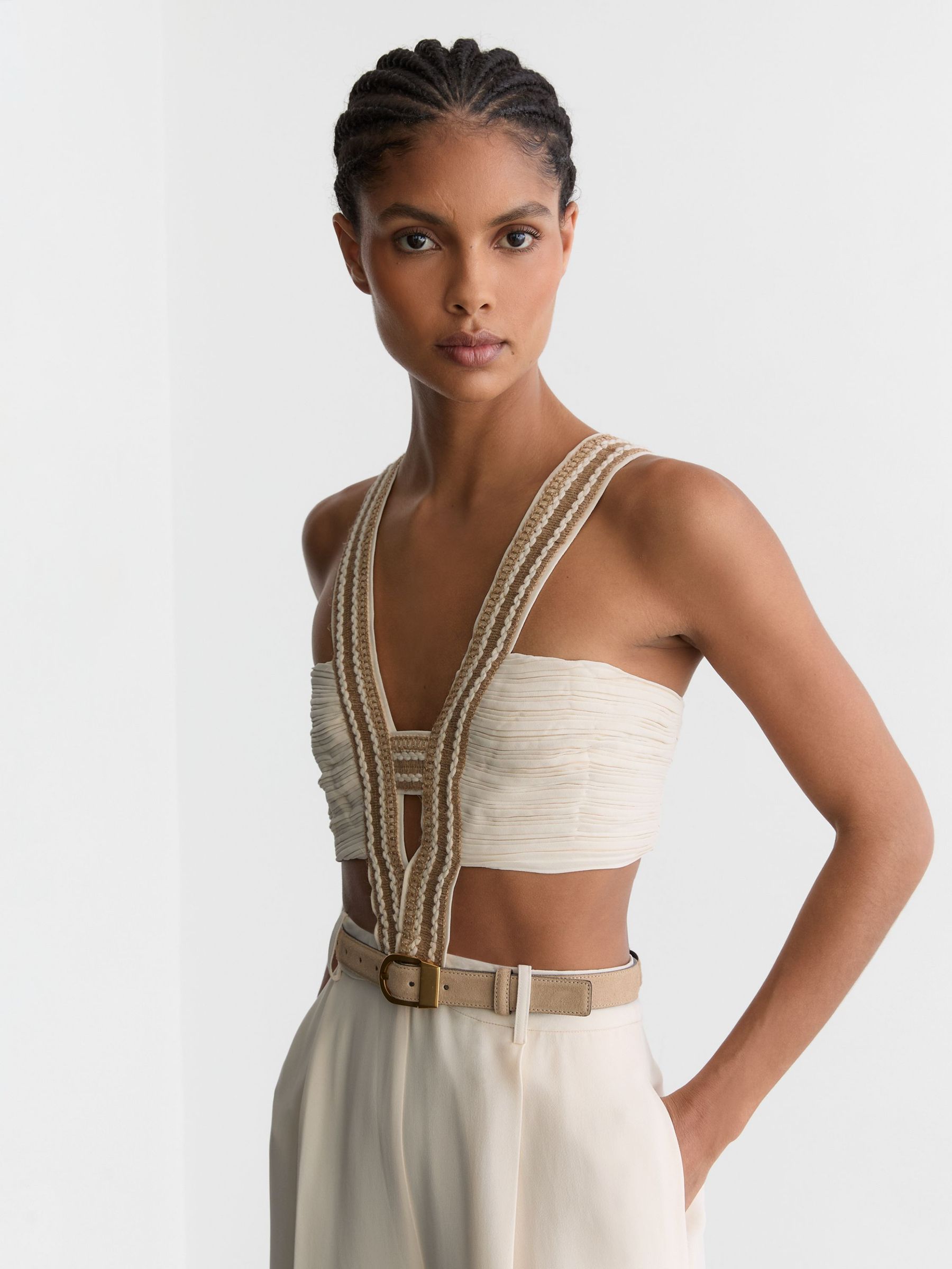 Woven-Trim Cut-Out Wide Leg Jumpsuit in Ivory - Image 4 of 7