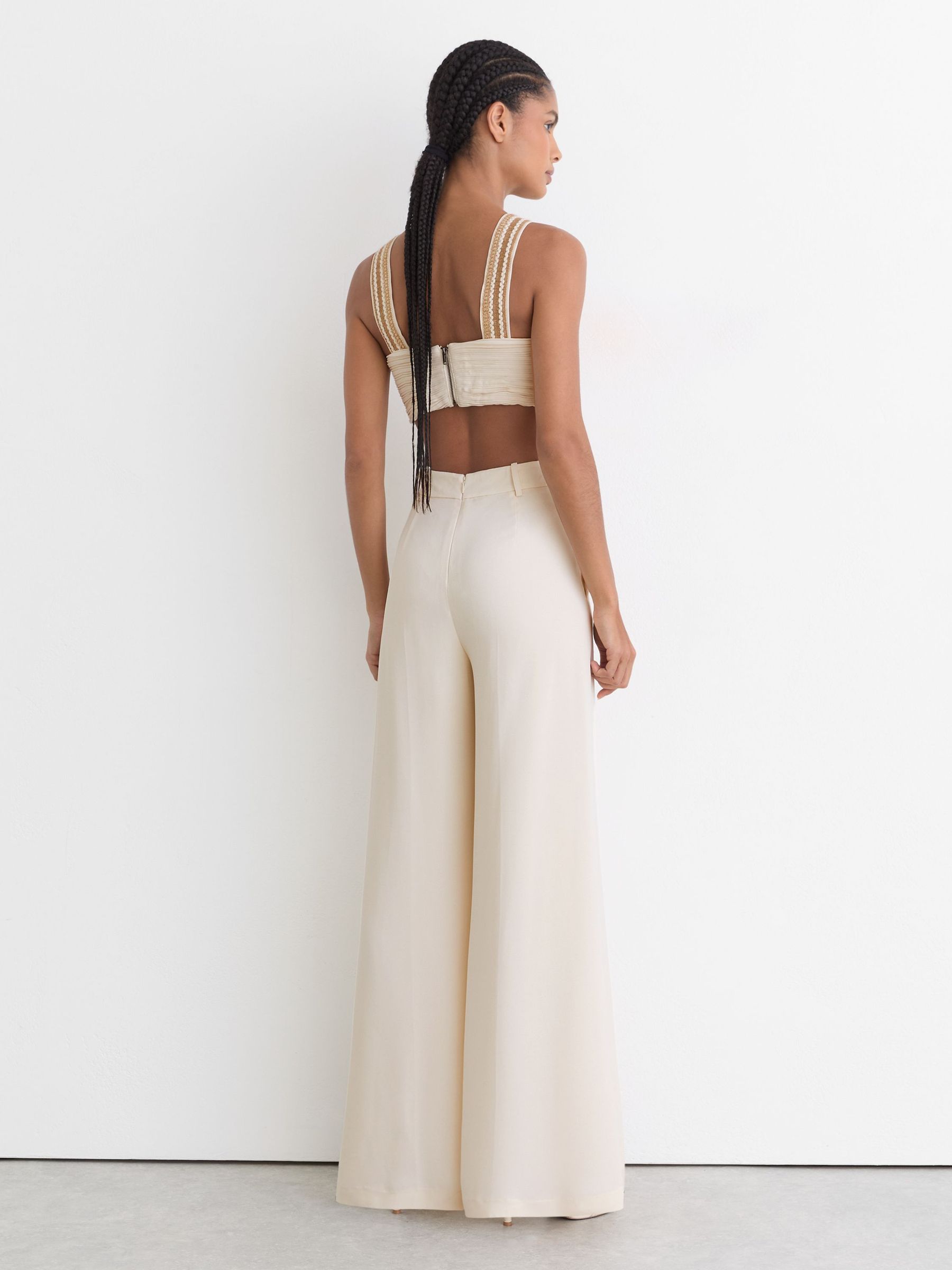 Woven-Trim Cut-Out Wide Leg Jumpsuit in Ivory - Image 5 of 7