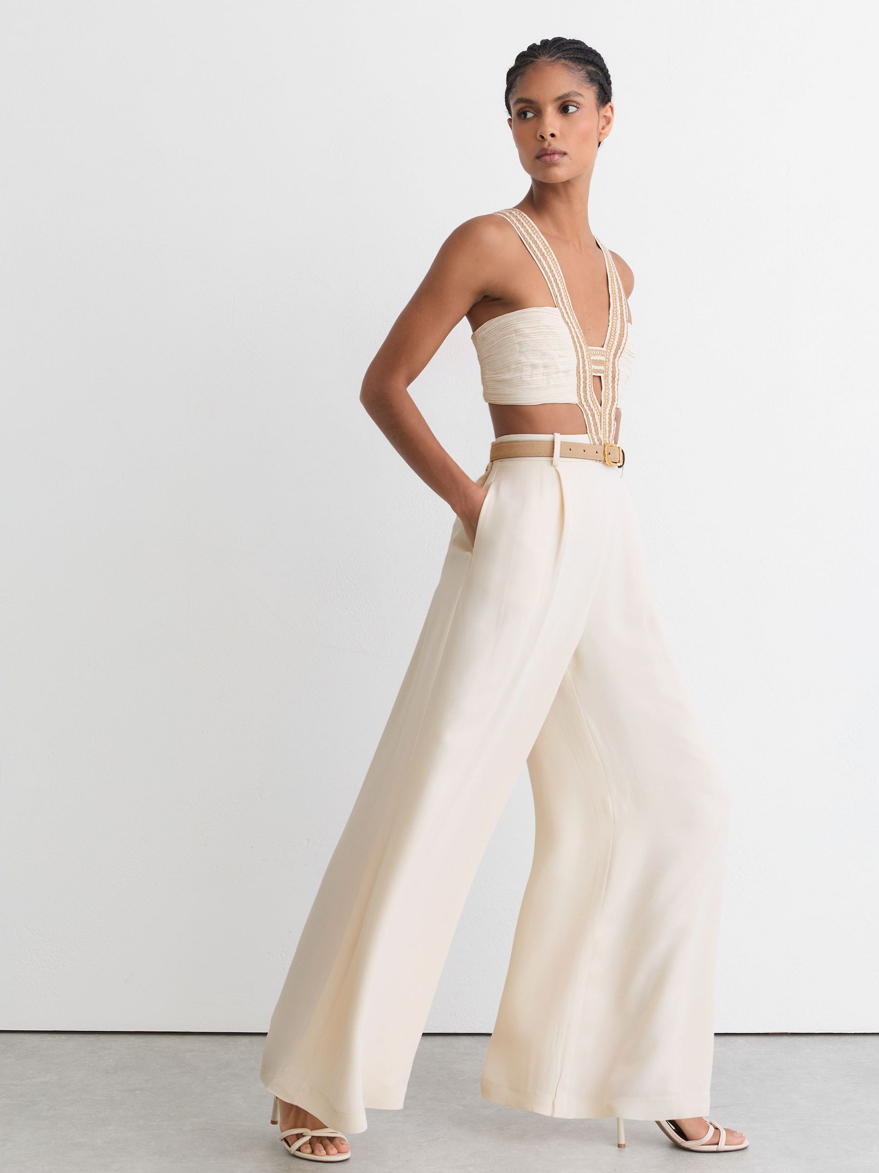 Woven-Trim Cut-Out Wide Leg Jumpsuit in Ivory - image 3