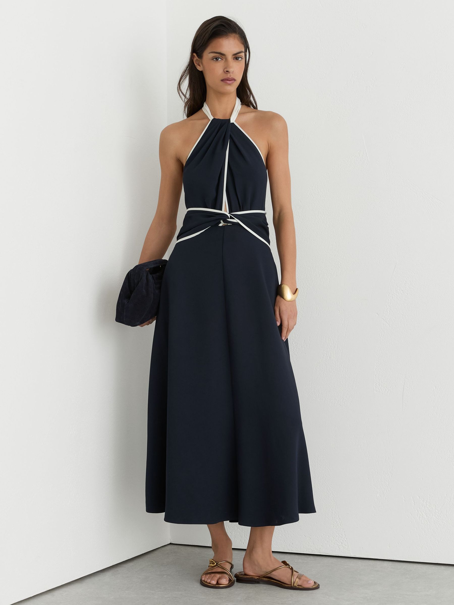 Contrast-Trim Halterneck Midi Dress in Navy/Ivory - Image 1 of 7