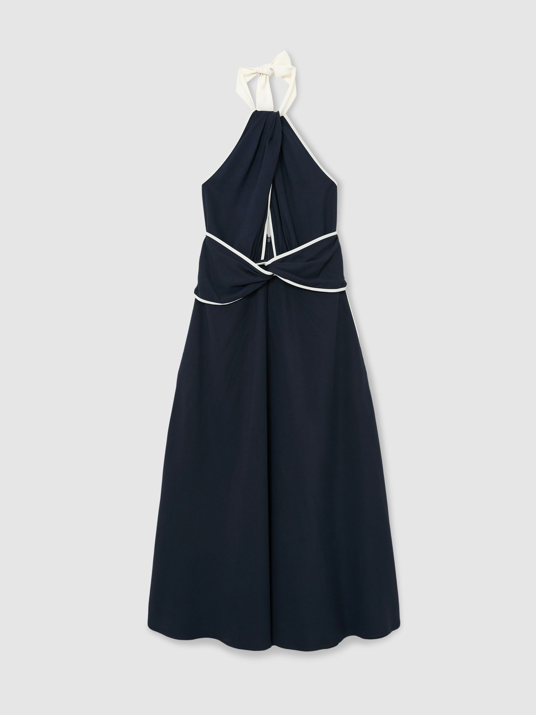 Contrast-Trim Halterneck Midi Dress in Navy/Ivory - Image 2 of 7 Contrast-Trim Halterneck Midi Dress in Navy/Ivory - Image 2 of 7