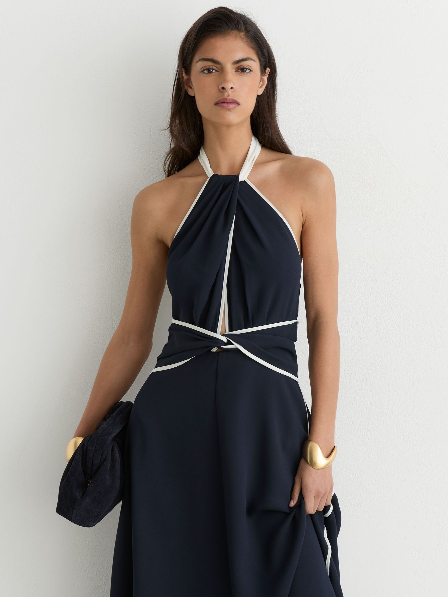Contrast-Trim Halterneck Midi Dress in Navy/Ivory - Image 6 of 7