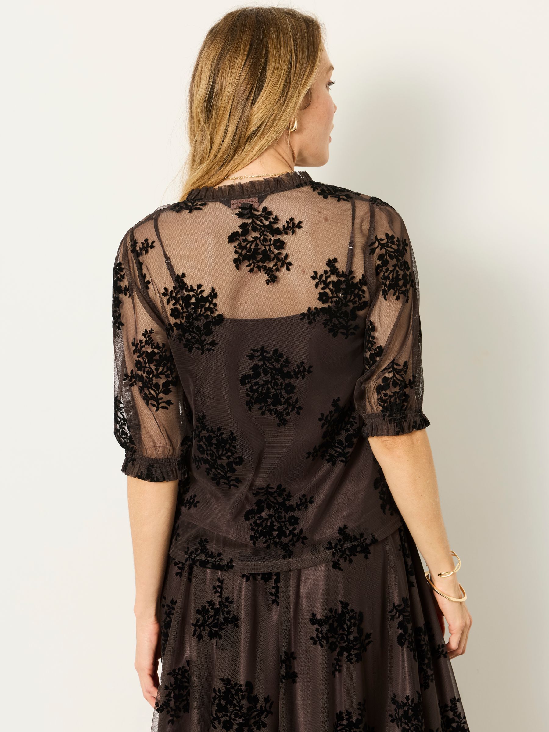 Fleur Chocolate Brown Flocked Tulle Blouse - Image 3 of 7
