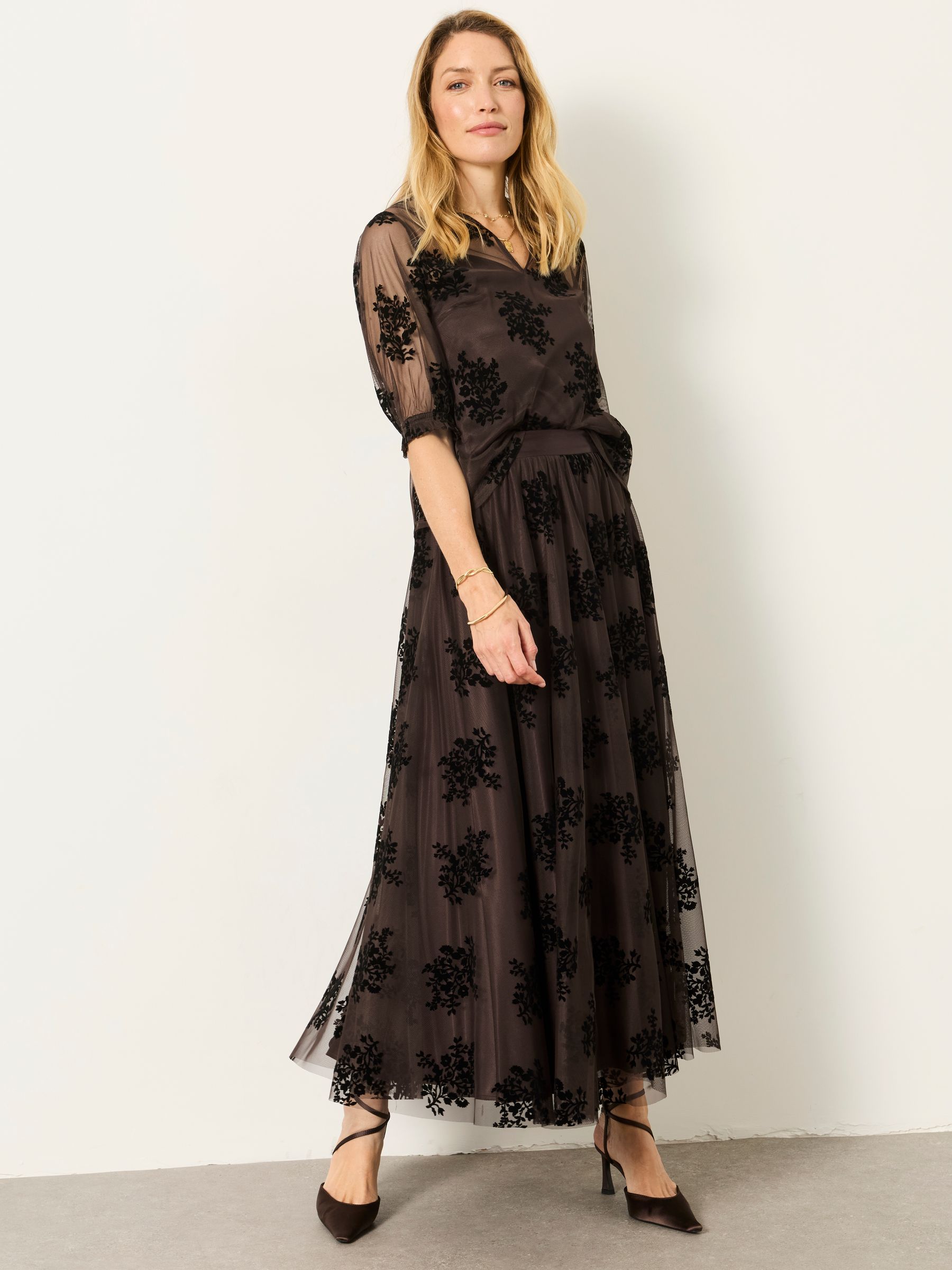 Fleur Chocolate Brown Flocked Tulle Blouse - Image 5 of 7