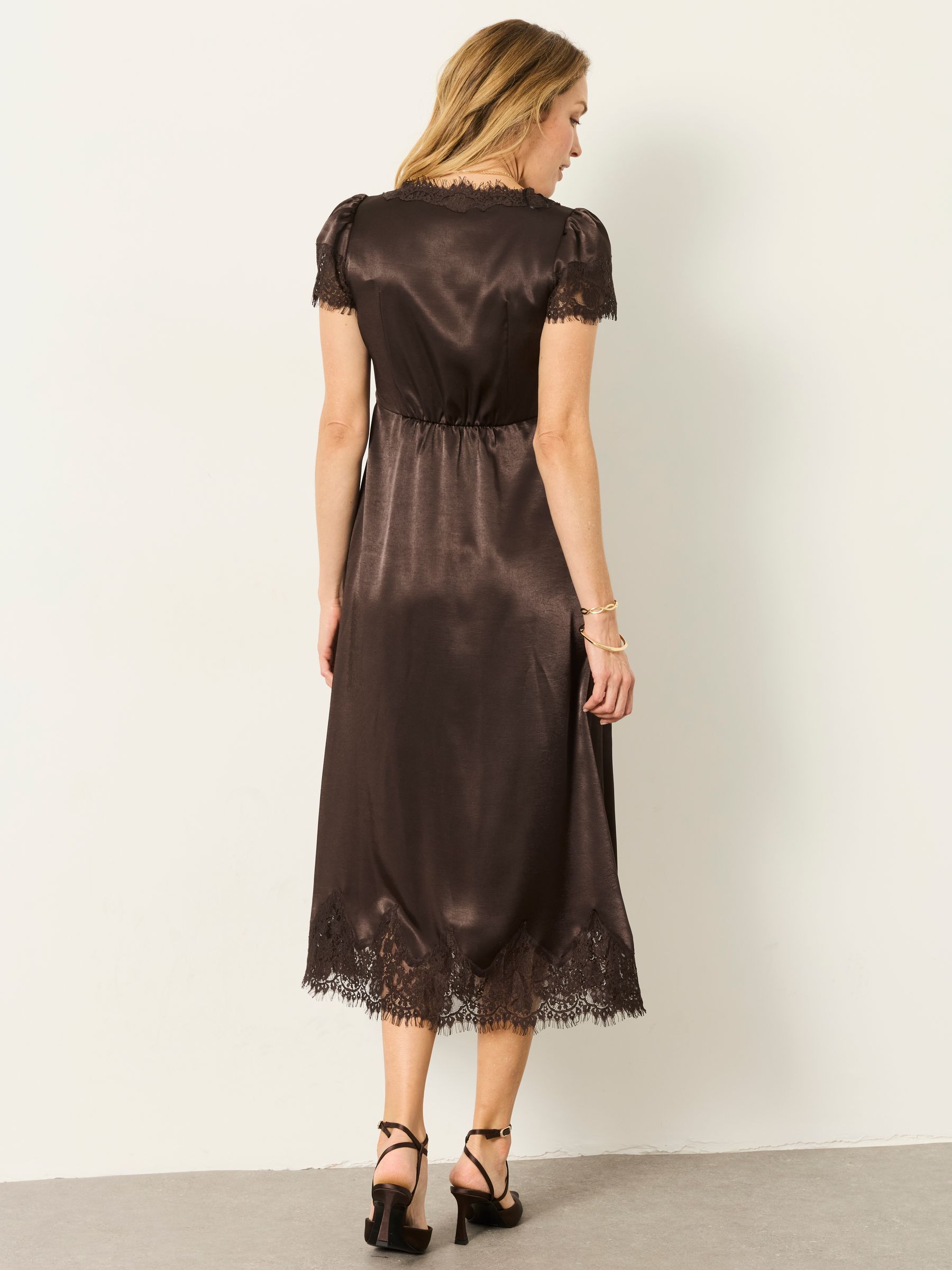 Astrid Chocolate Brown Petite Lace Trim Midi Dress - Image 2 of 9