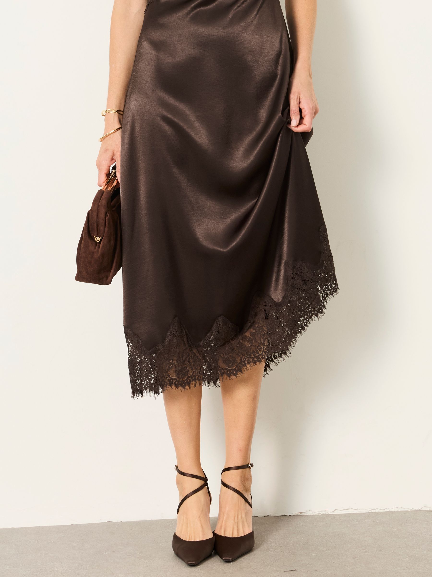 Astrid Chocolate Brown Petite Lace Trim Midi Dress - Image 3 of 9