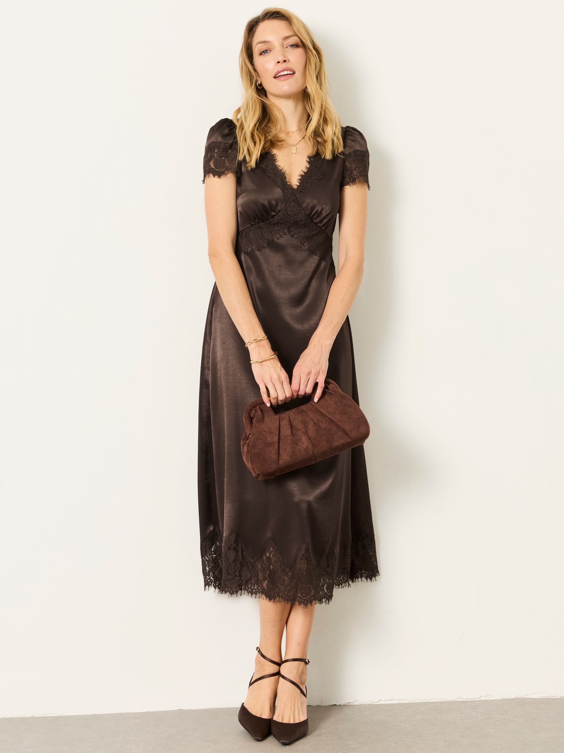 Astrid Chocolate Brown Petite Lace Trim Midi Dress - Image 5 of 9