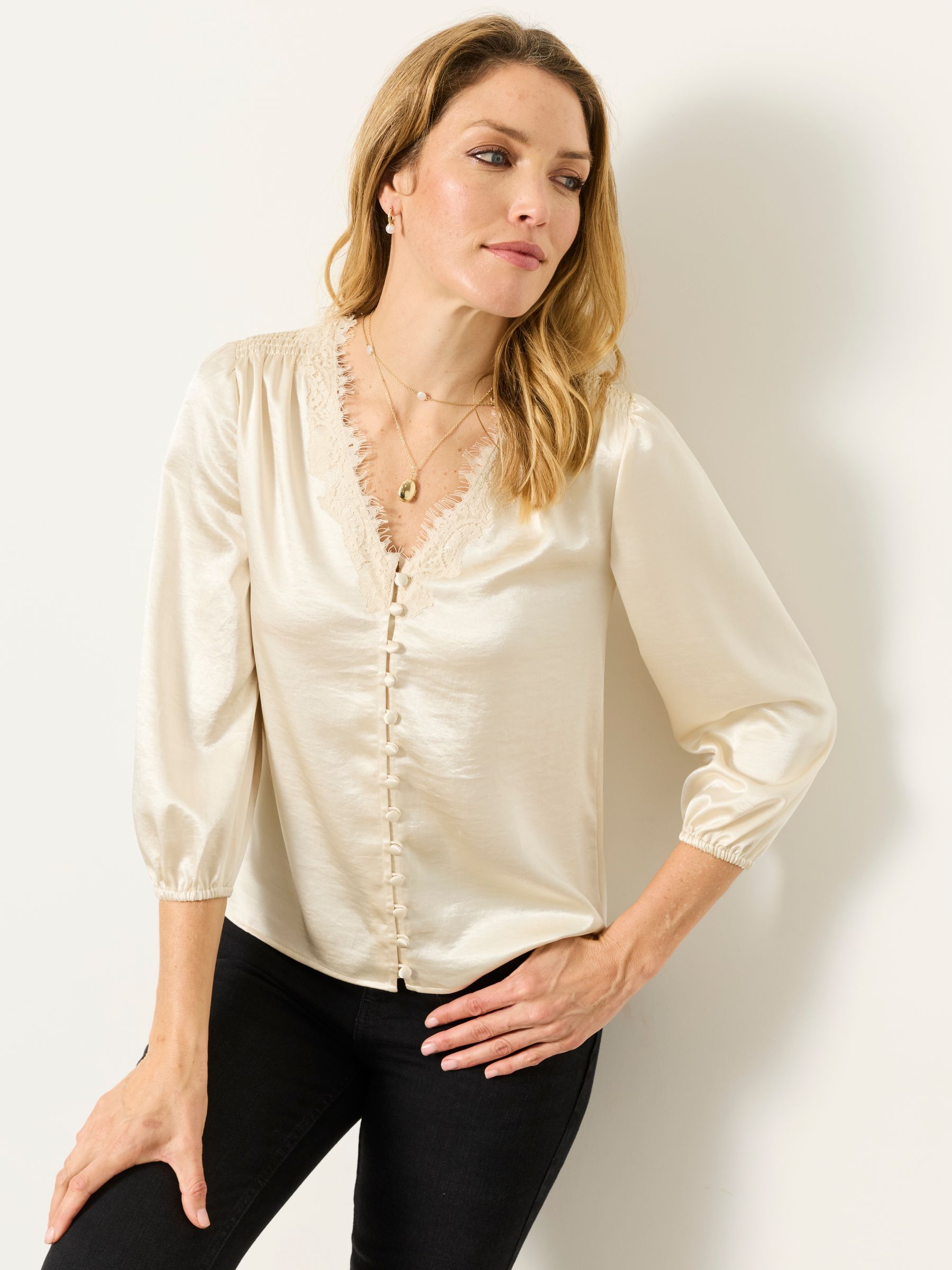 Betty Ivory Petite Lace Trim Blouse - Image 1 of 4 Betty Ivory Petite Lace Trim Blouse - Image 1 of 4