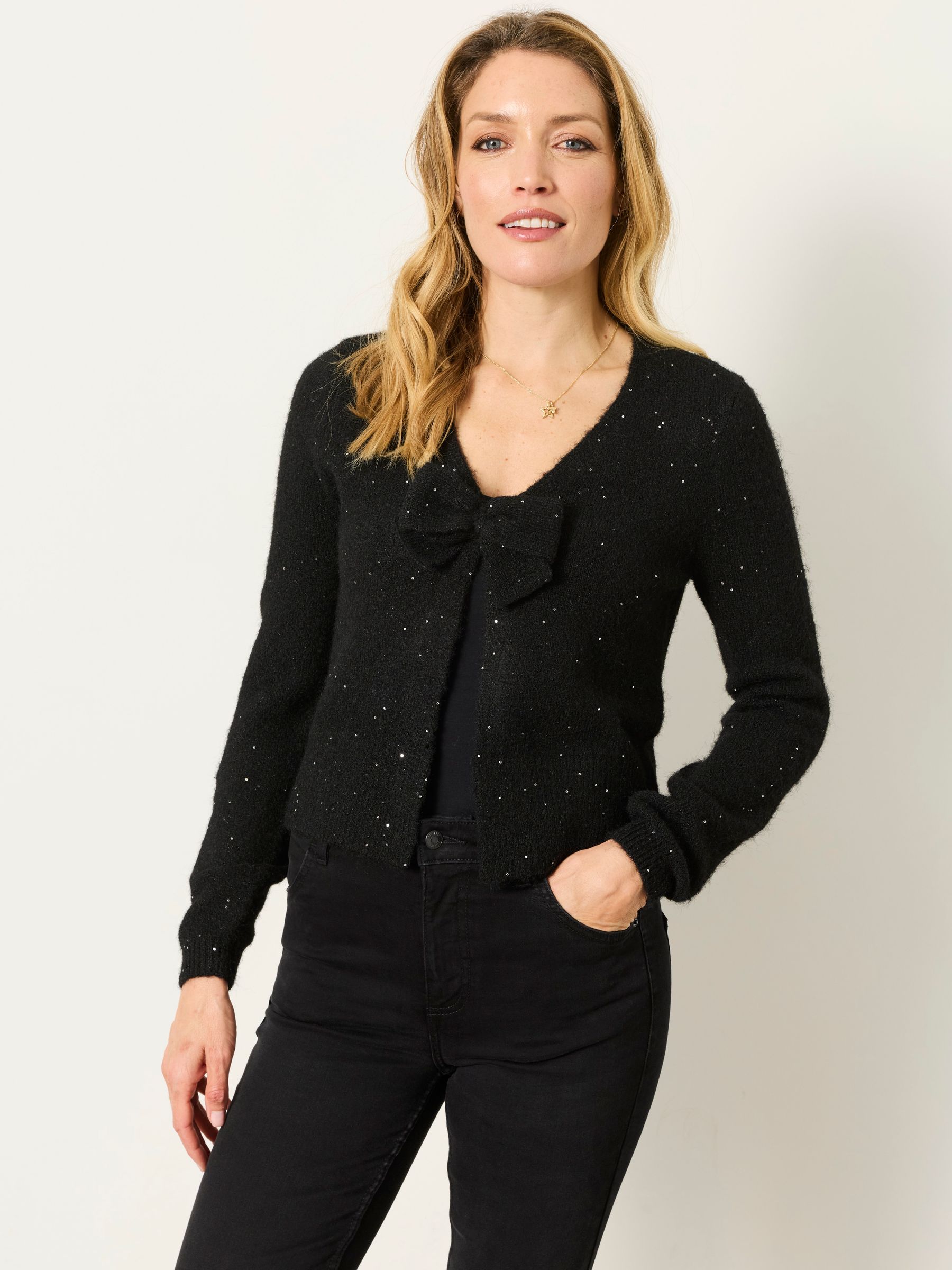 Black Sparkle Bow Front Cardigan - Image 1 of 7