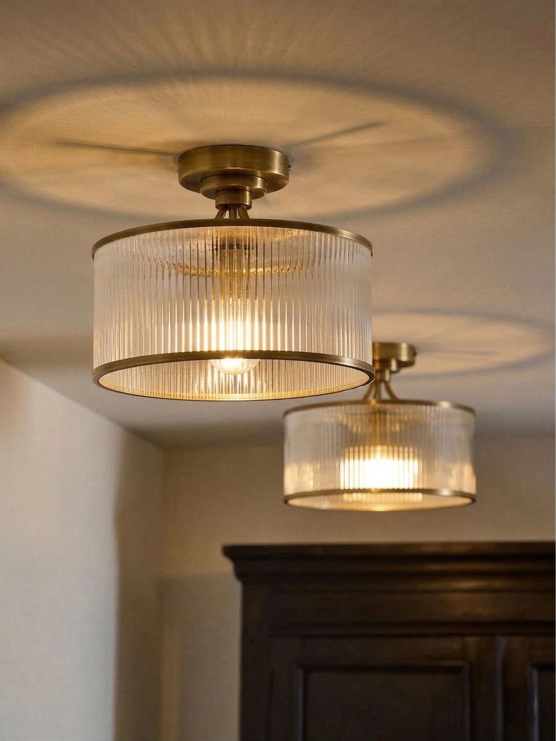 The Set Brass Ribbed Glass Flush Lights