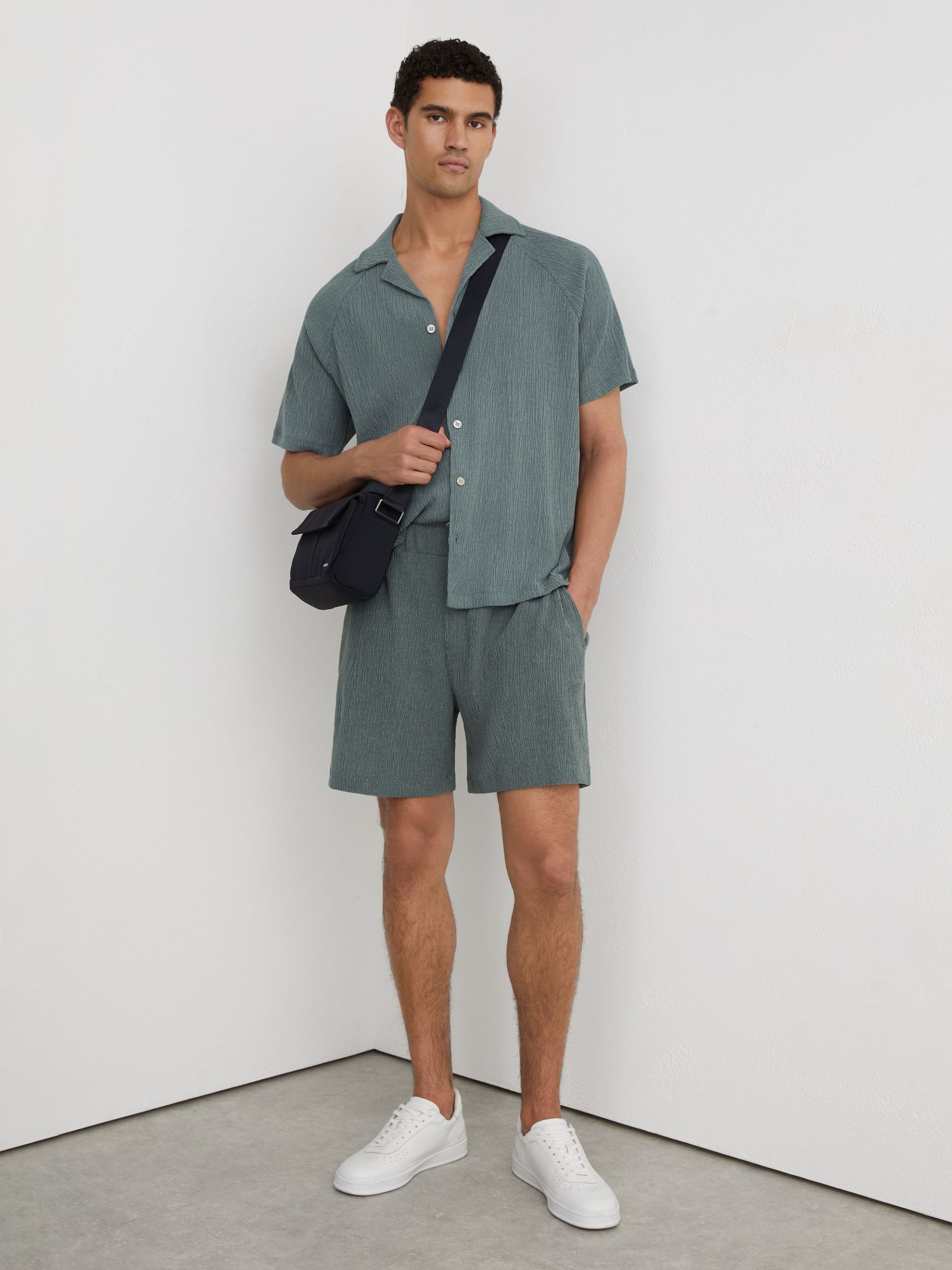 Textured Drawstring Shorts in Dark Sage - Image 1 of 6