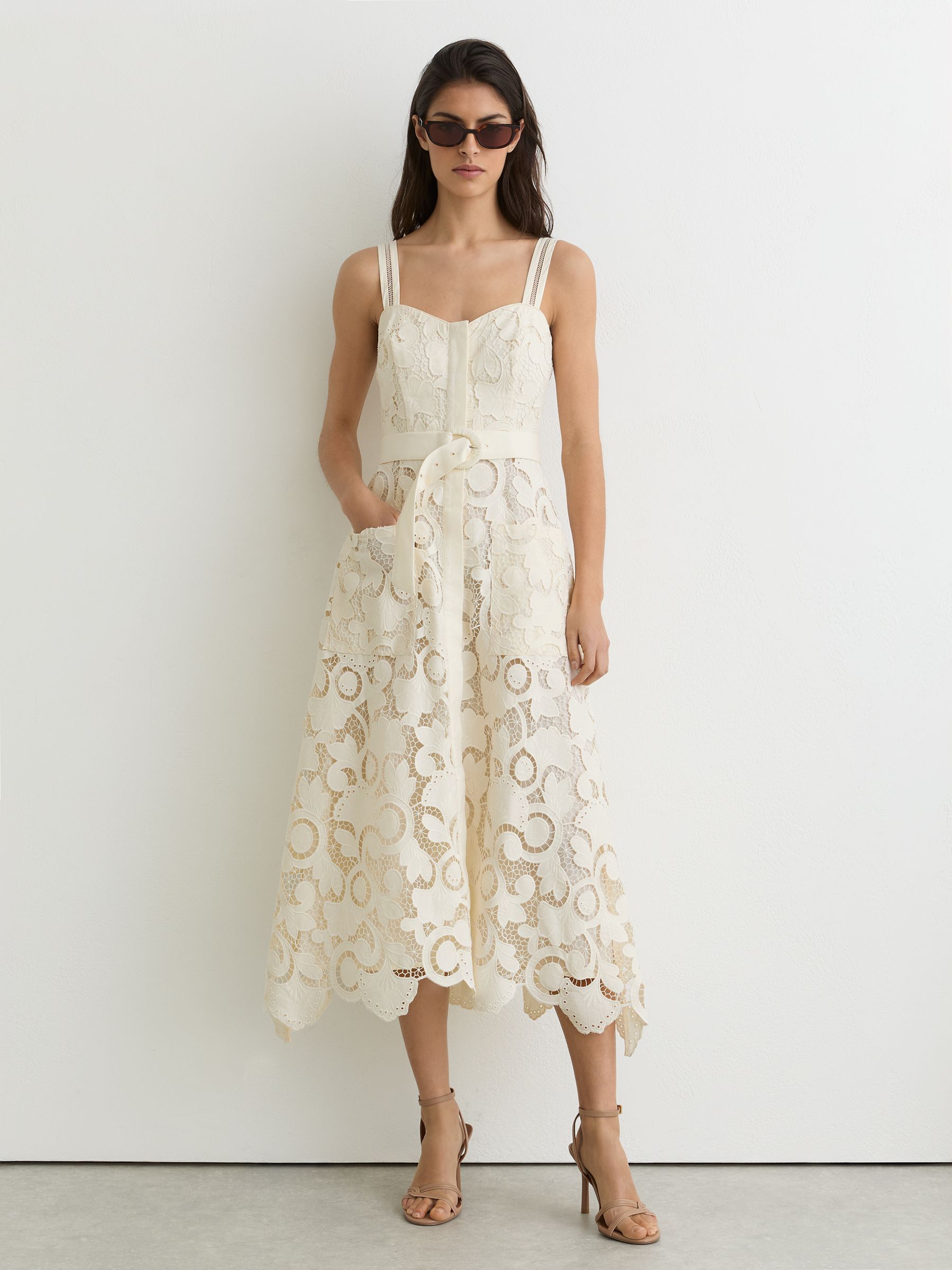 Cotton-Blend Lace Button-Front Midi Dress in Cream - image 2