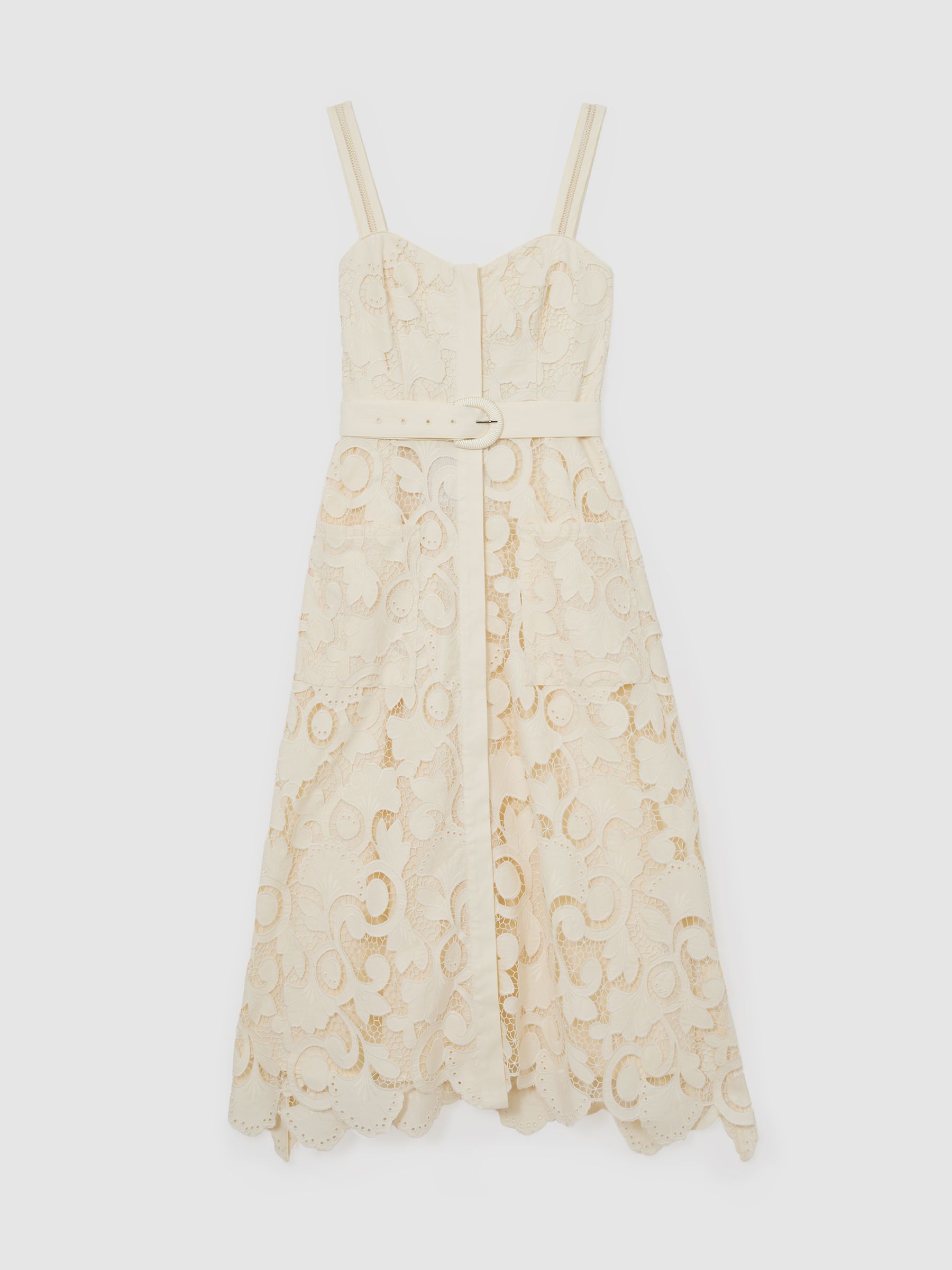 Cotton-Blend Lace Button-Front Midi Dress in Cream - image 1