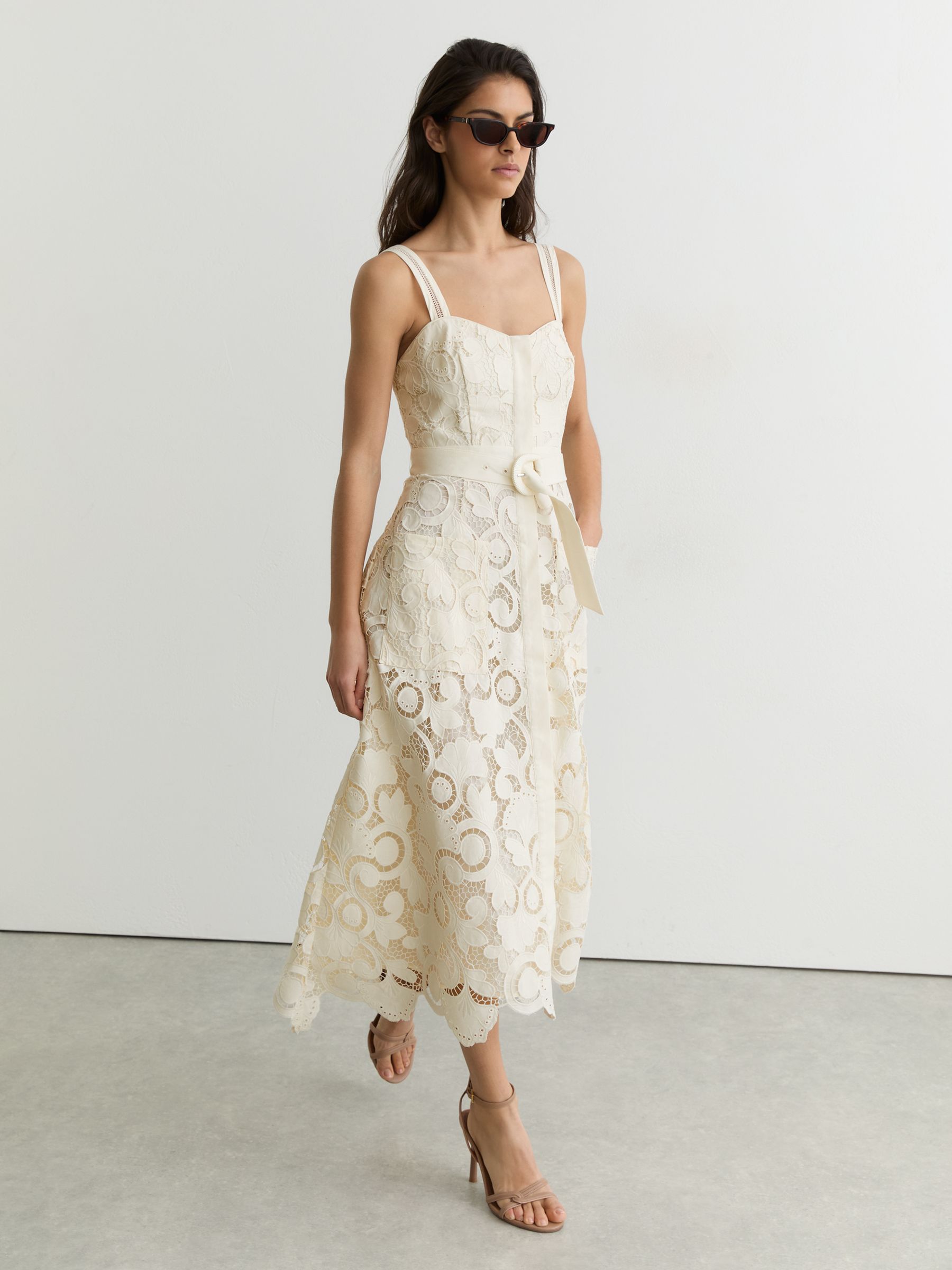 Cotton-Blend Lace Button-Front Midi Dress in Cream - image 4