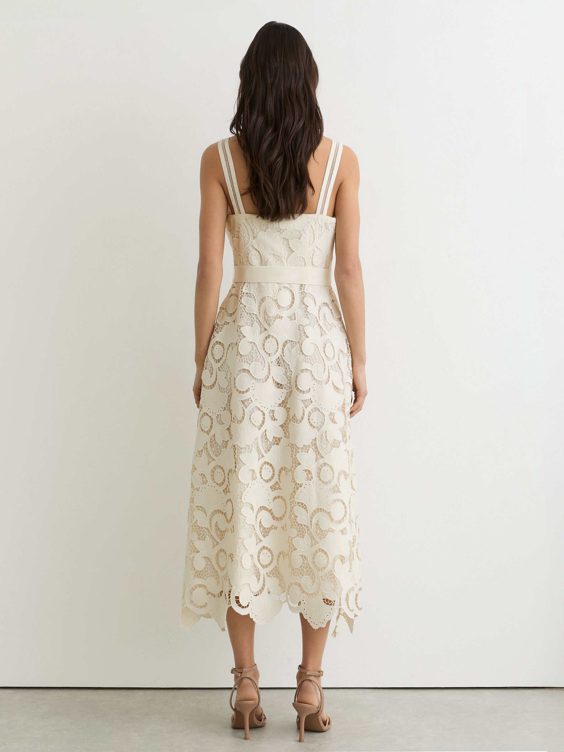 Cotton-Blend Lace Button-Front Midi Dress in Cream - image 5