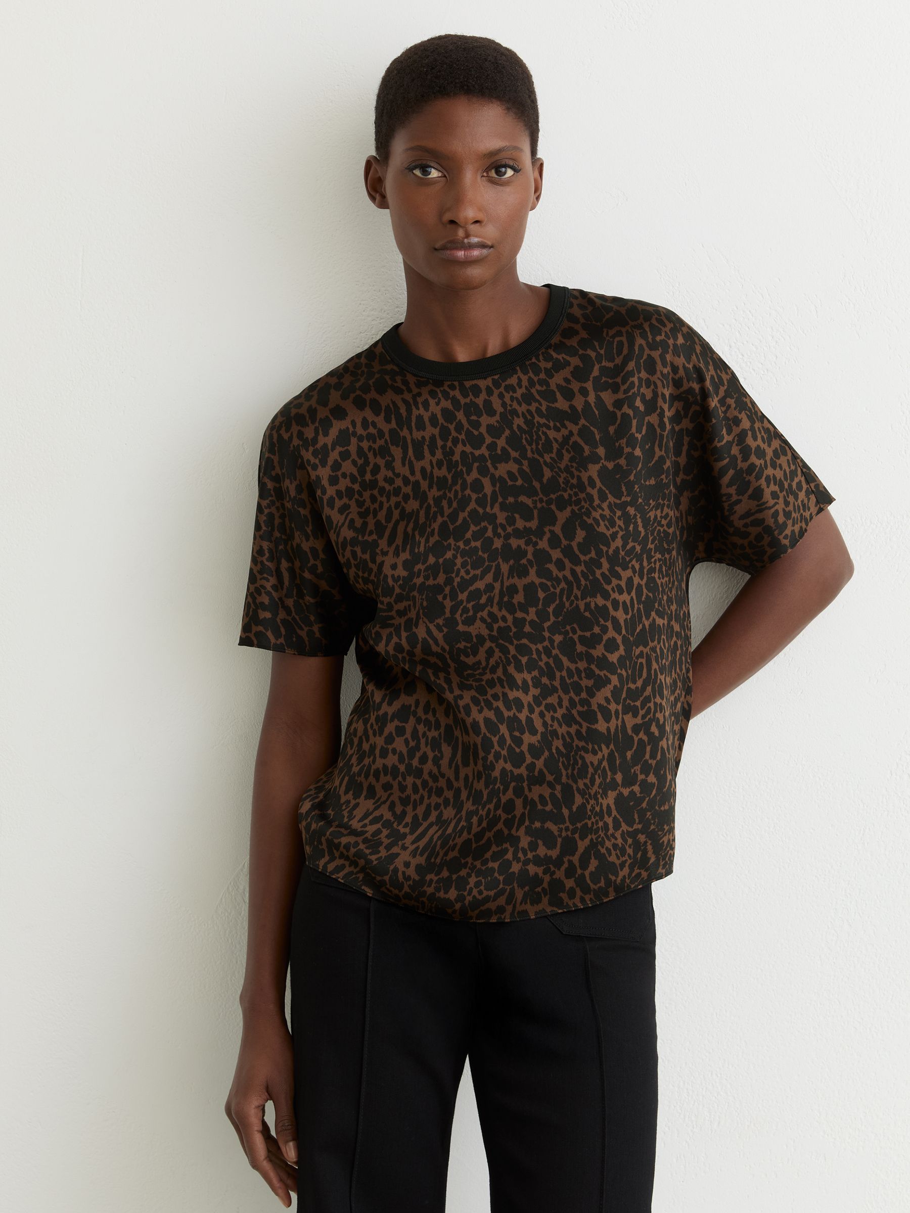 Silk Animal-Print Short-Sleeve Top in Black/Brown - Image 1 of 6 Silk Animal-Print Short-Sleeve Top in Black/Brown - Image 1 of 6