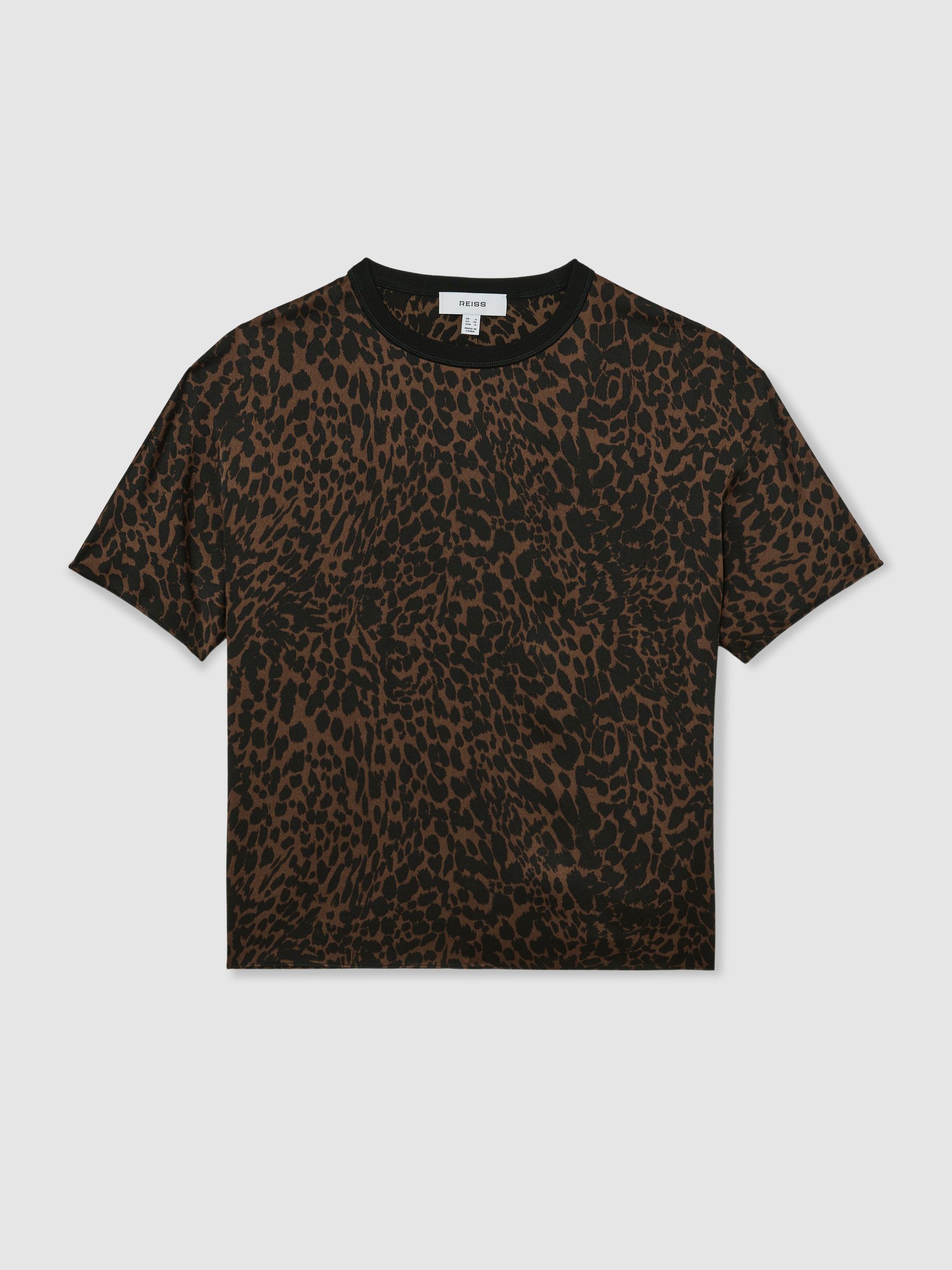 Silk Animal-Print Short-Sleeve Top in Black/Brown