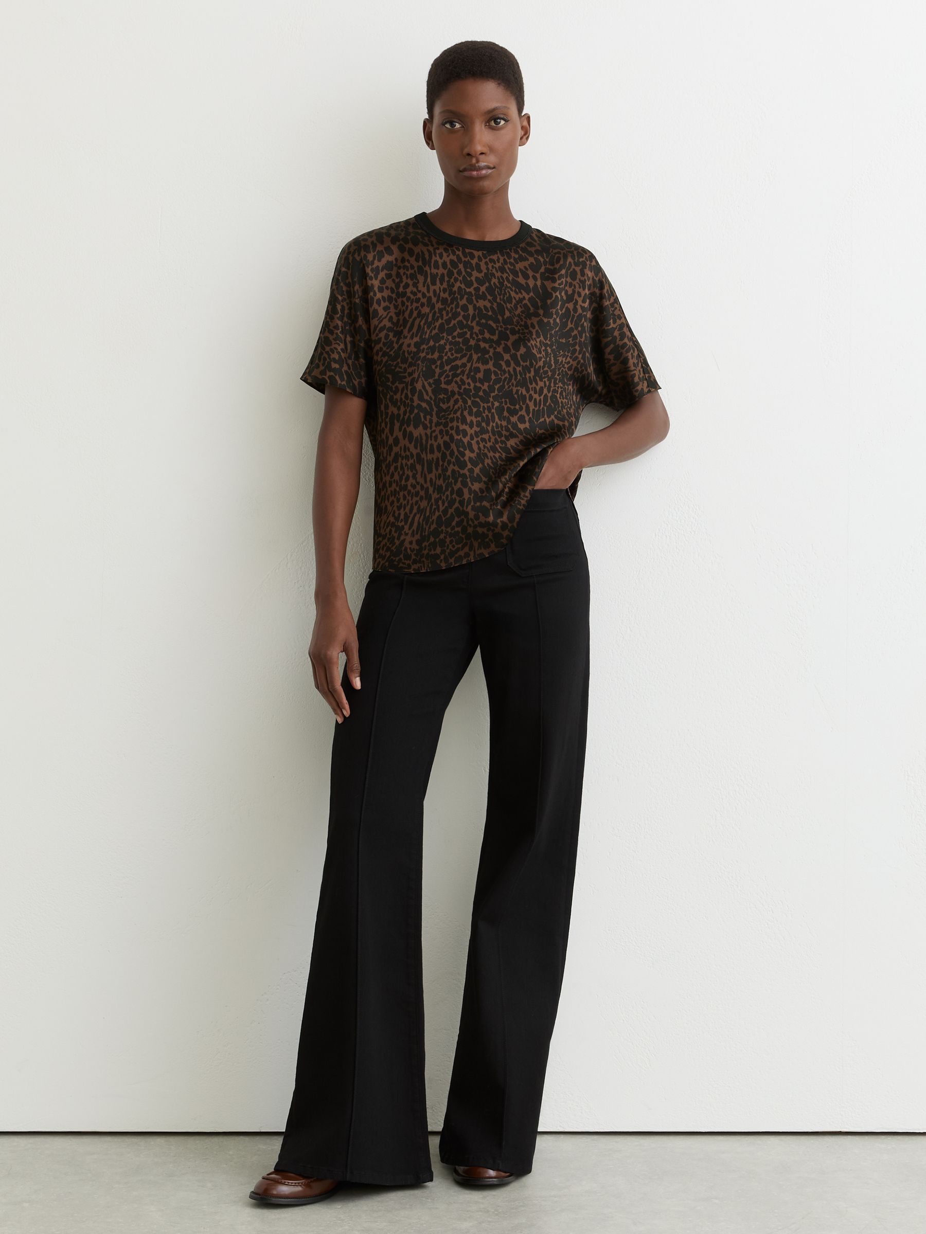Silk Animal-Print Short-Sleeve Top in Black/Brown - Image 3 of 6