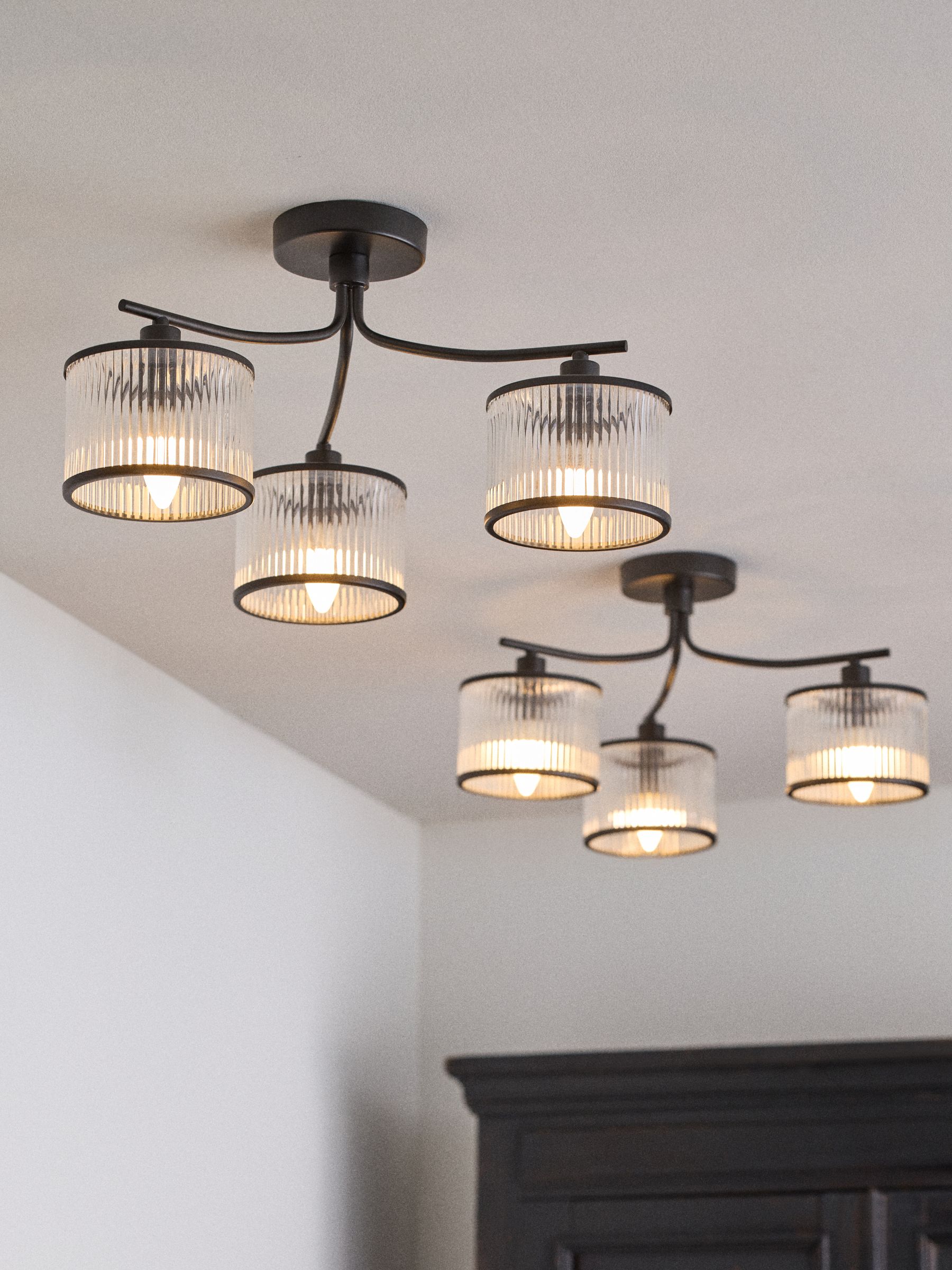 The Set 2 Pack Black Ribbed Glass 3 Light Flush Ceiling Lights - Image 1 of 5