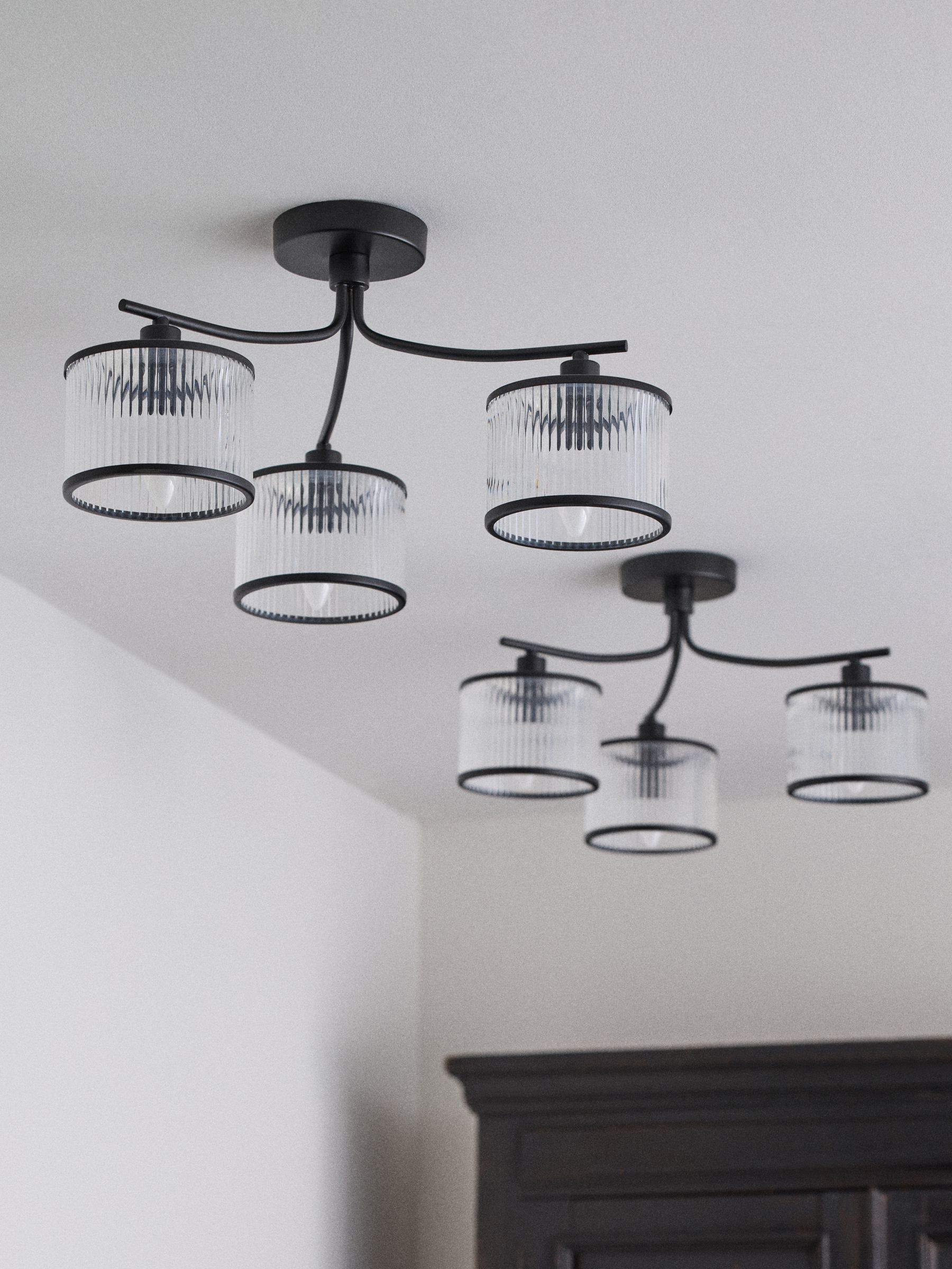 The Set 2 Pack Black Ribbed Glass 3 Light Flush Ceiling Lights - Image 2 of 5