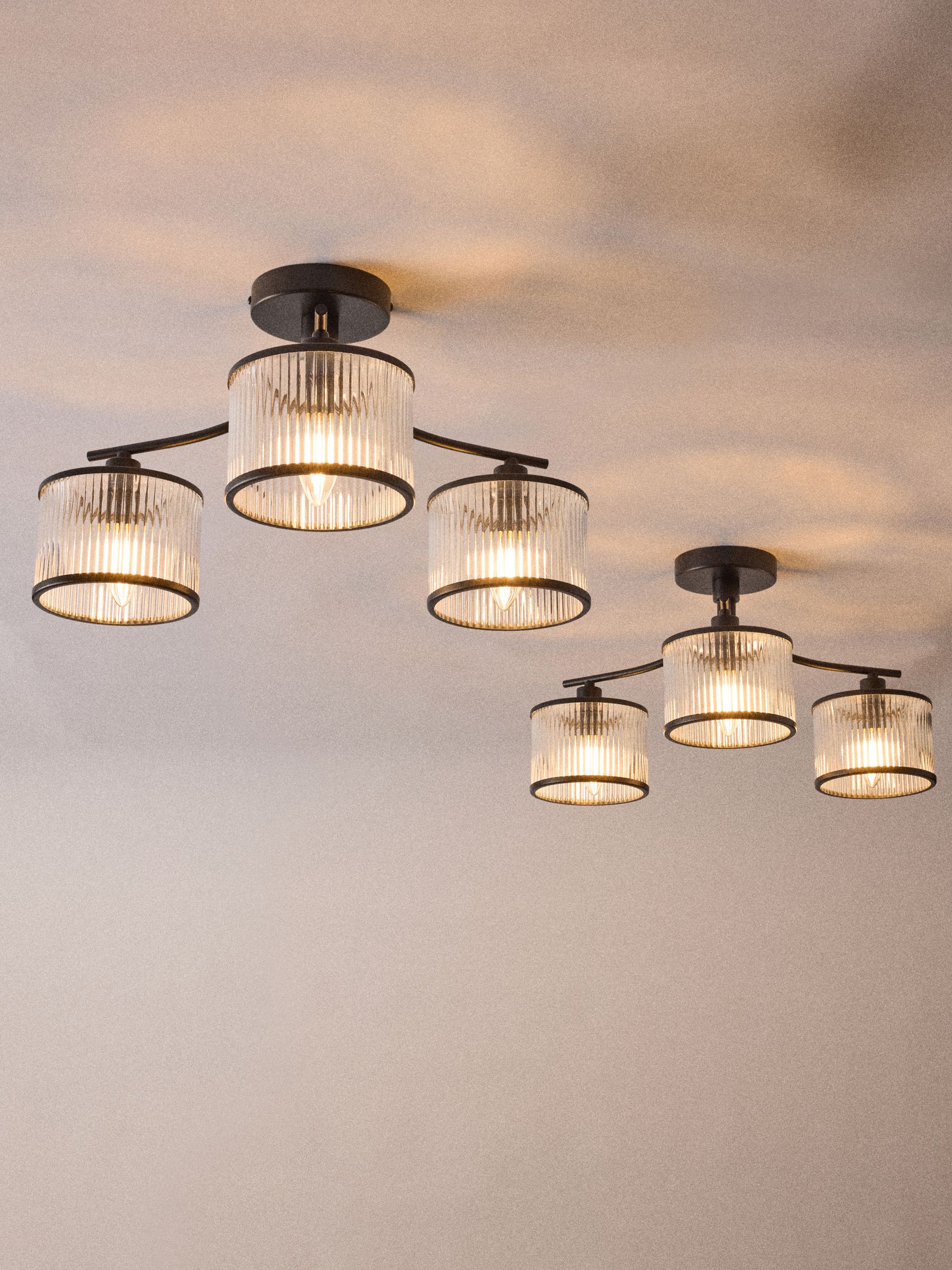 The Set 2 Pack Black Ribbed Glass 3 Light Flush Ceiling Lights - Image 3 of 5