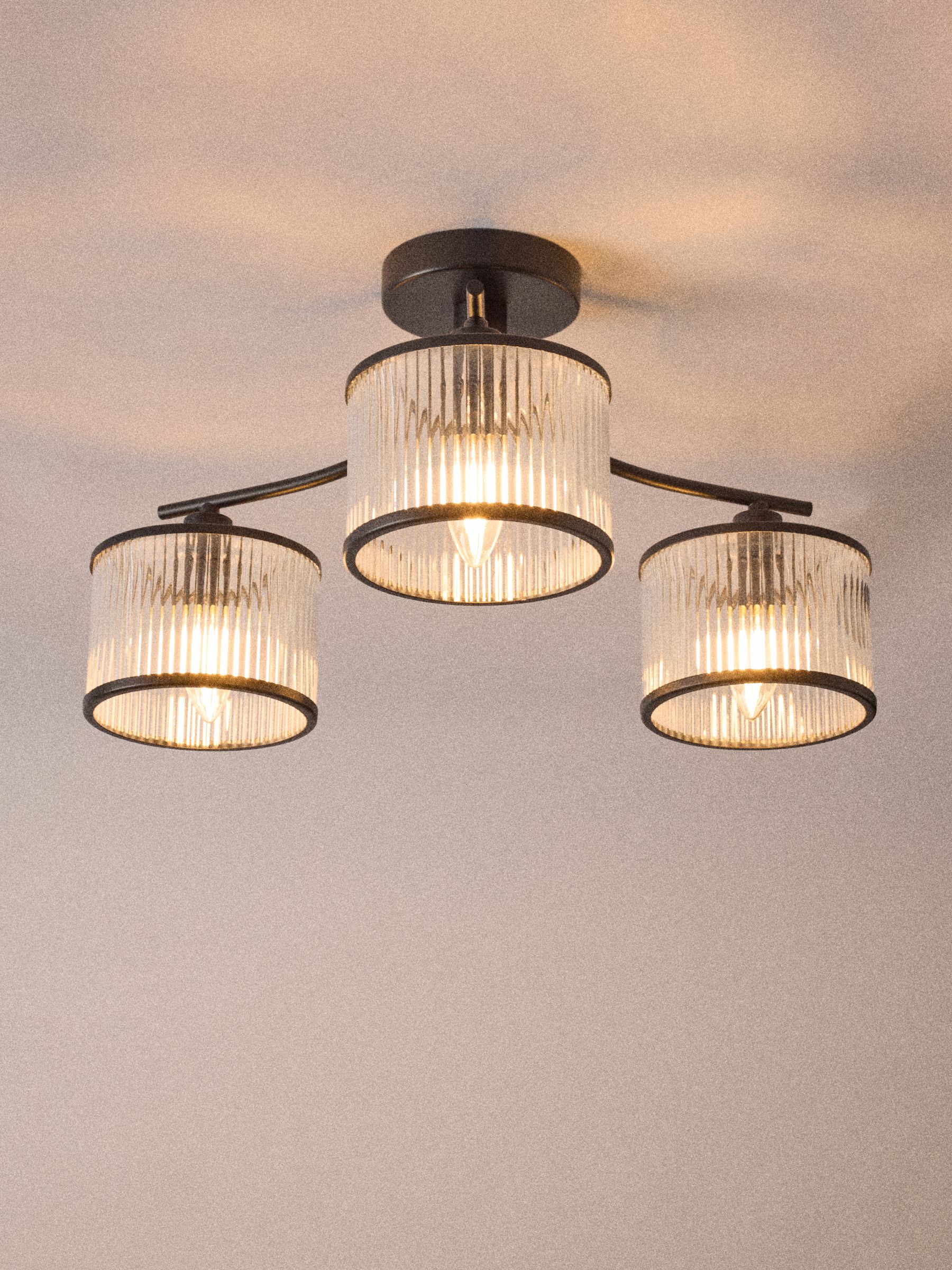 The Set 2 Pack Black Ribbed Glass 3 Light Flush Ceiling Lights - Image 4 of 5
