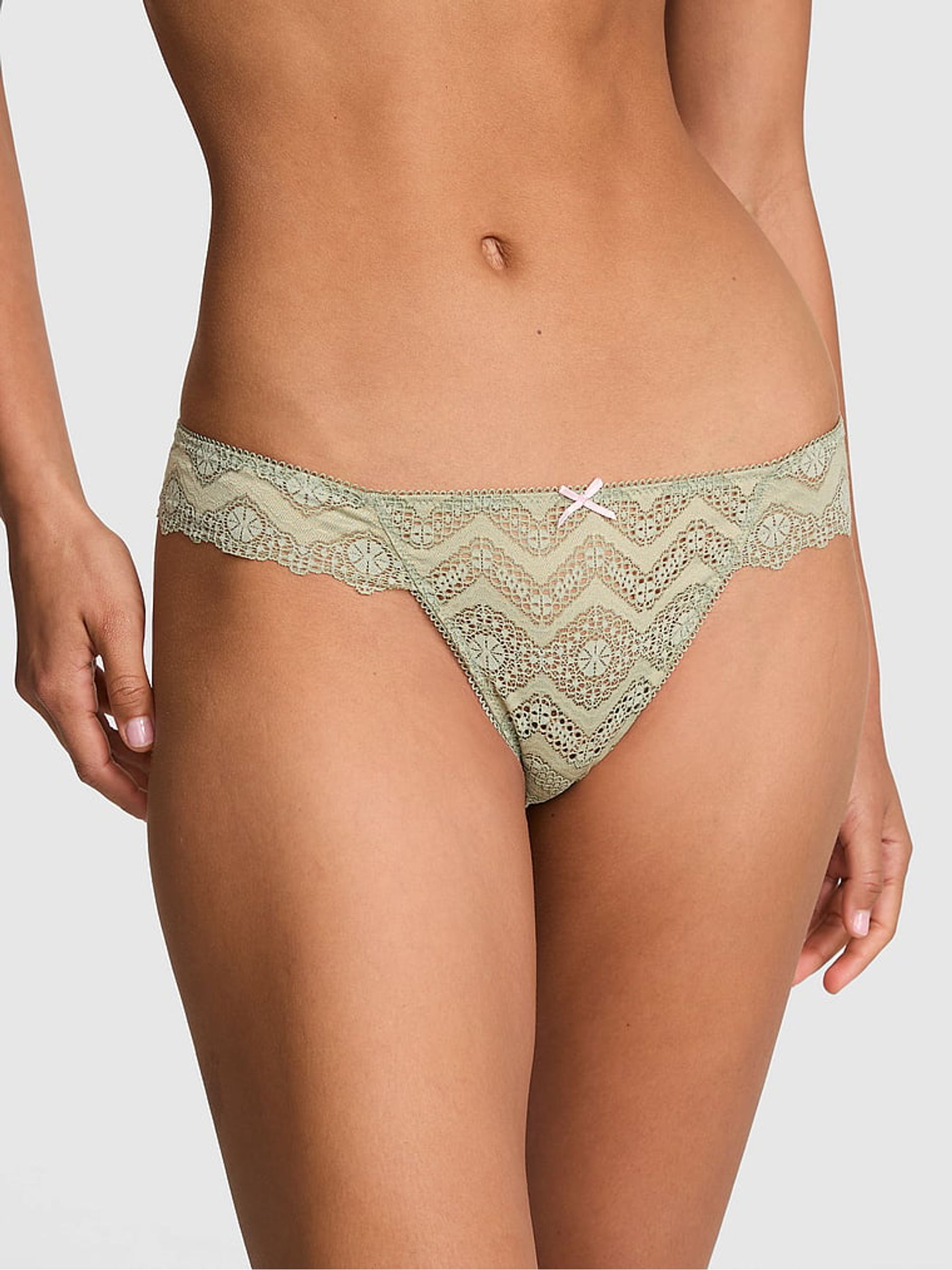 Slate Green Thong Crochet Lace Knickers - Image 1 of 2