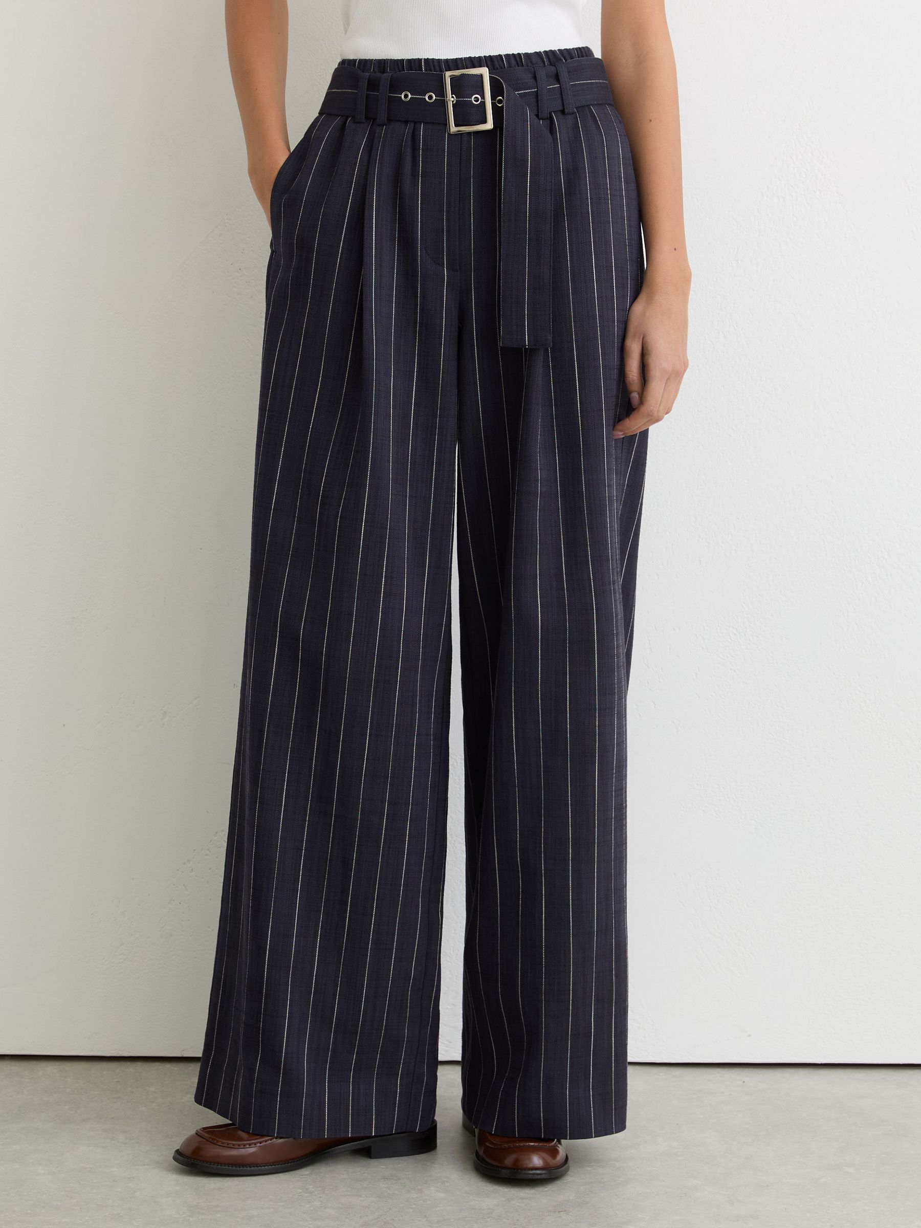 Petite Pinstripe Belted Wide-Leg Trousers in Navy - Image 1 of 7