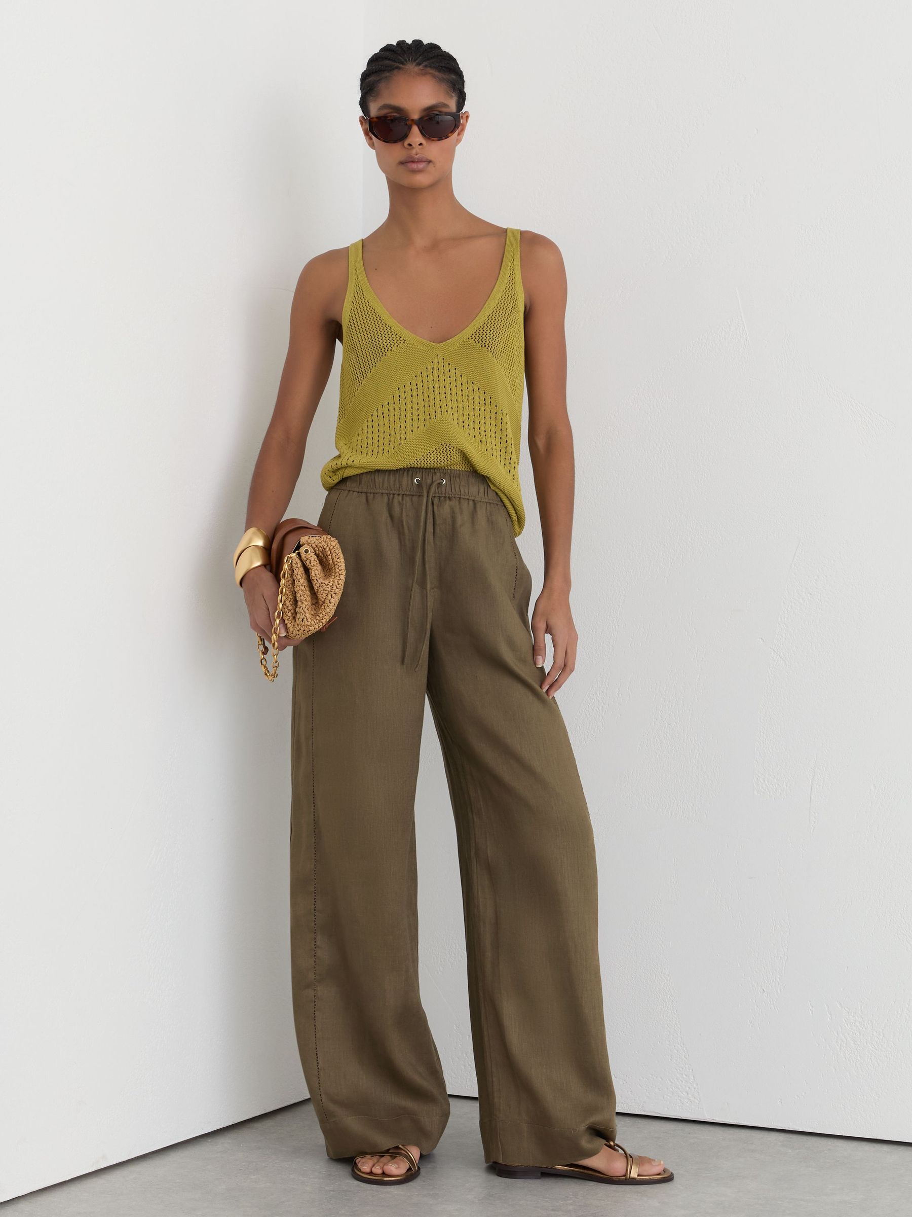 Petite Linen Ladder-Embroidery Wide-Leg Trousers in Khaki Green - Image 1 of 10