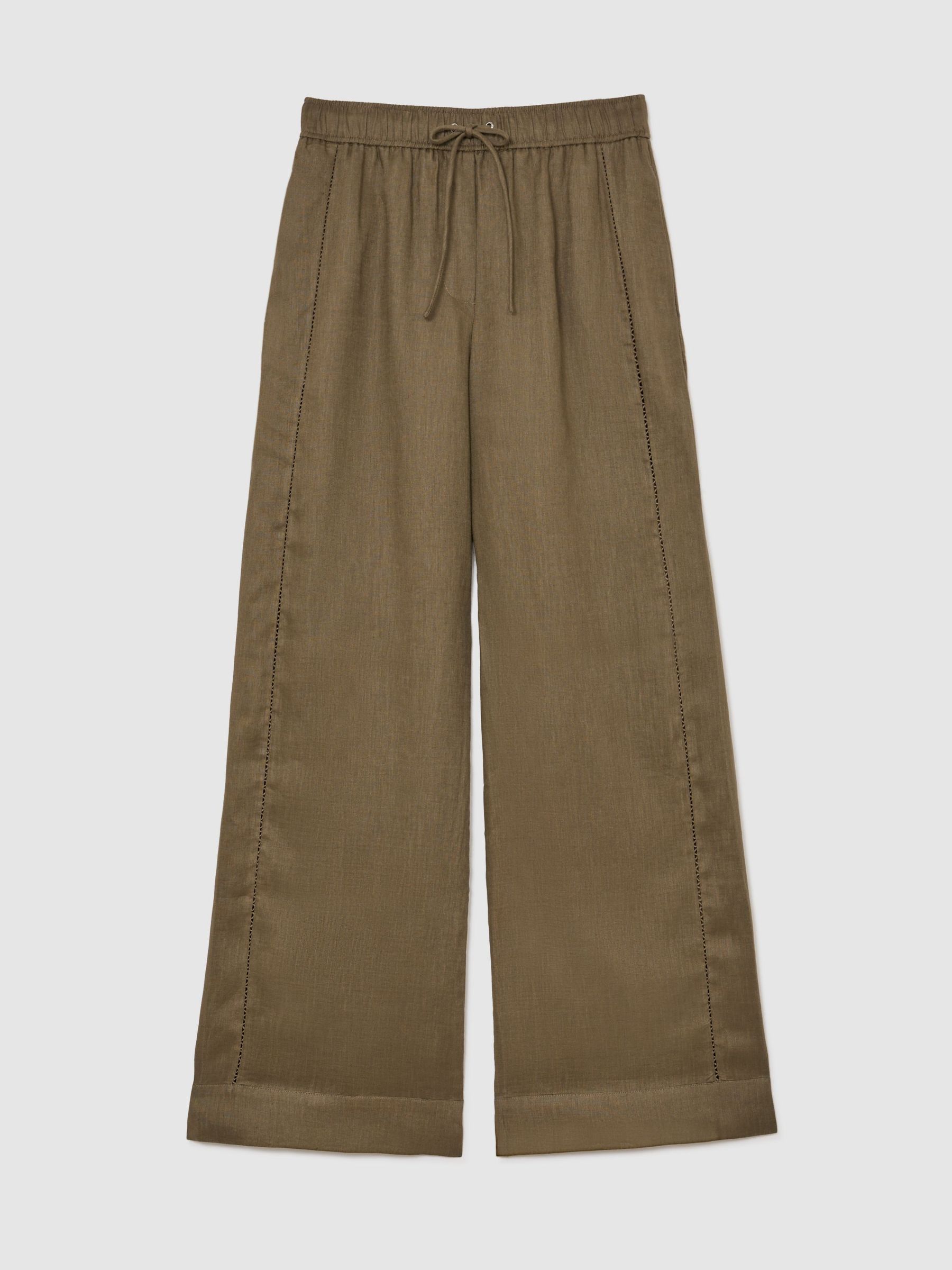 Petite Linen Ladder-Embroidery Wide-Leg Trousers in Khaki Green - Image 2 of 10