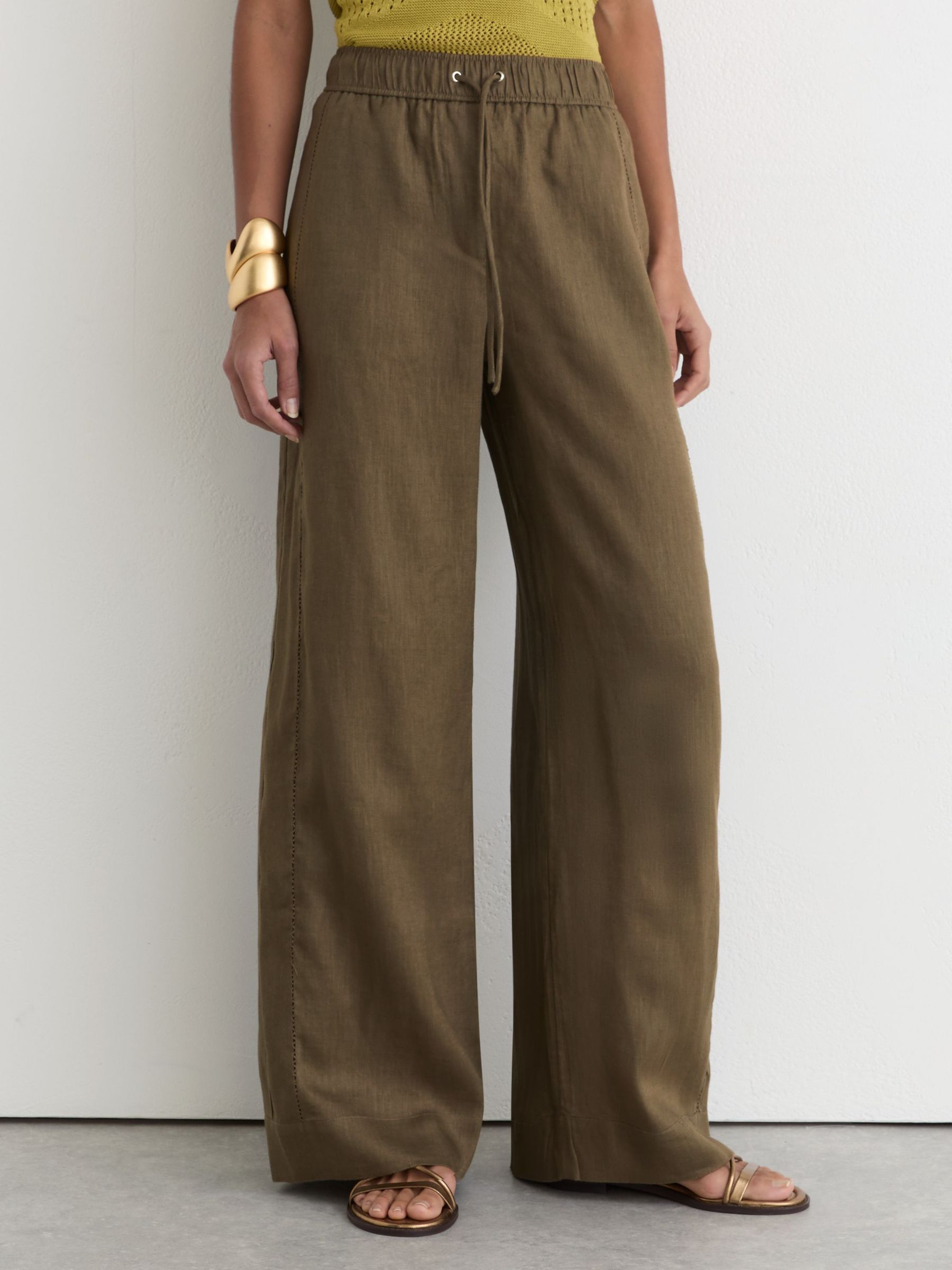 Petite Linen Ladder-Embroidery Wide-Leg Trousers in Khaki Green - Image 4 of 10