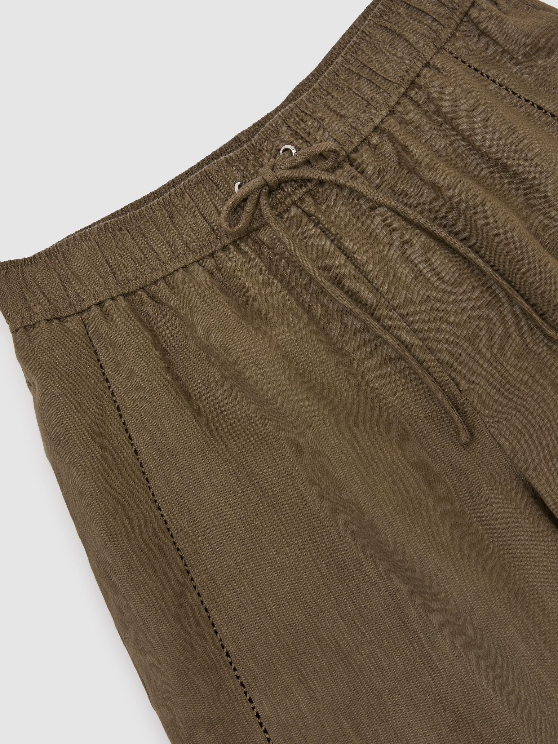Petite Linen Ladder-Embroidery Wide-Leg Trousers in Khaki Green - Image 9 of 10