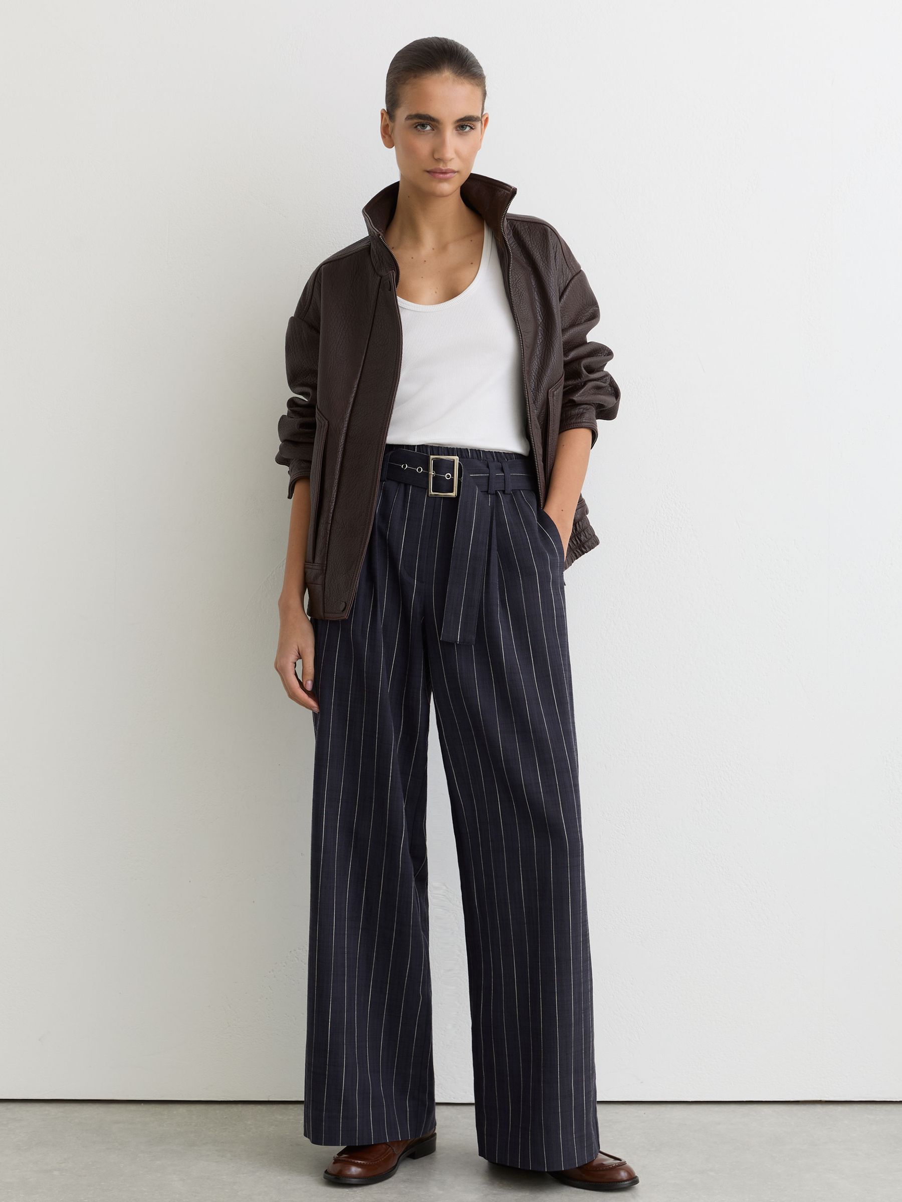 Pinstripe Belted Wide-Leg Trousers in Navy - Image 1 of 6 Pinstripe Belted Wide-Leg Trousers in Navy - Image 1 of 6
